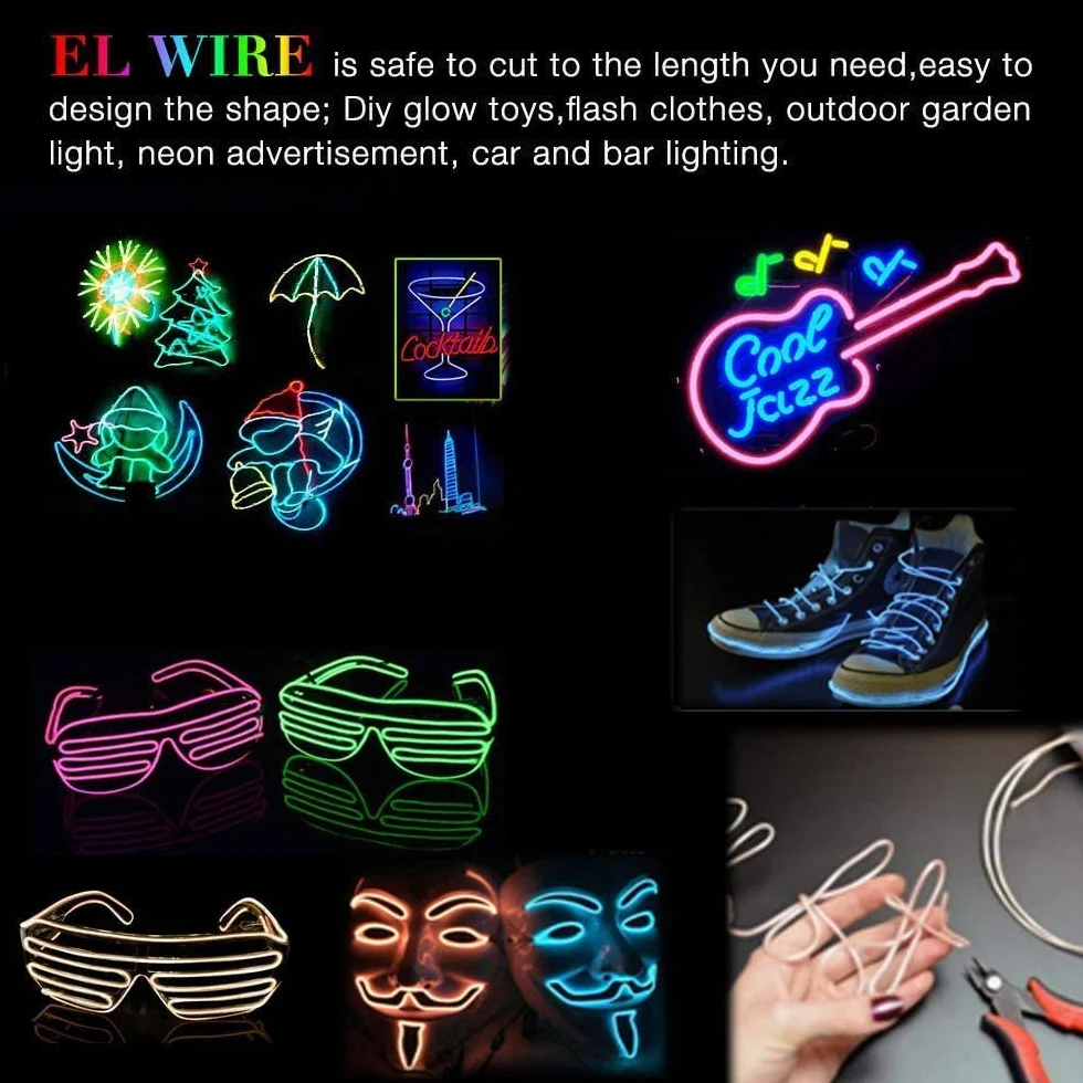 Néons électroluminescents portables 2,7 m avec batterie Lot de 5 pour fêtes Halloween décoration
