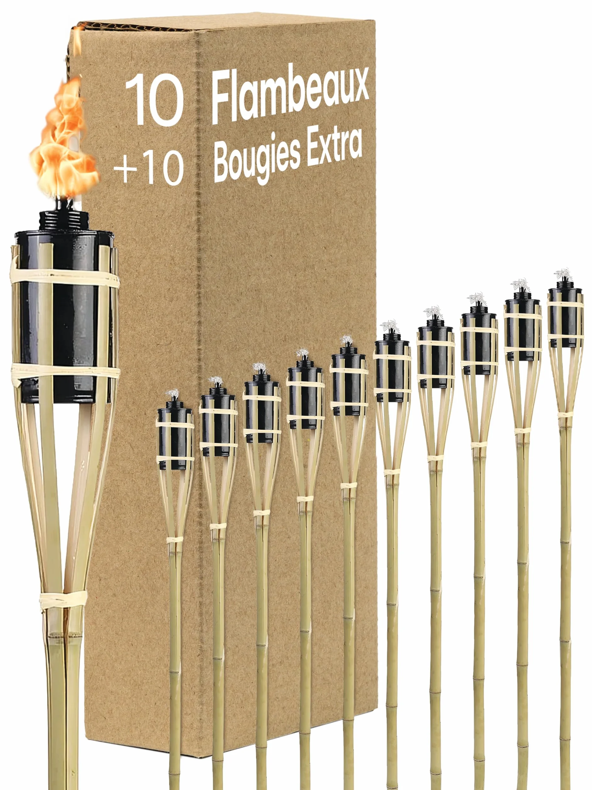Torches de Jardin en Bambou avec 10 Mèche - Longue Durée de Combustion - Torches à Huile pour l’extérieur