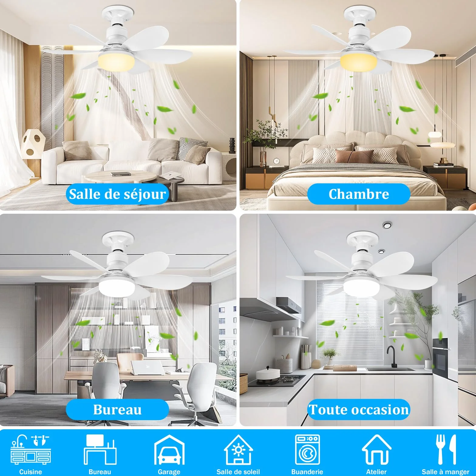 BuzzoXerex Ventilateur de Plafond avec Lumière et Télécommande 52CM 40W Dimmable LED E27 6 Pales 3 Vitesses