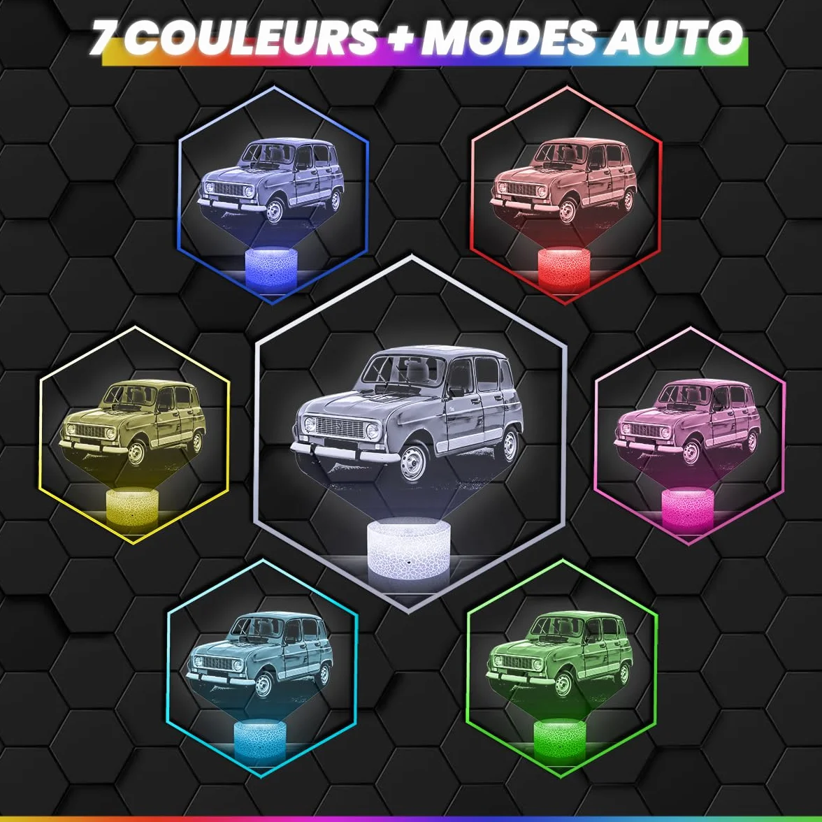 Lampe 3D Voiture 4L, Veilleuse Tactile LED Effet Hologramme, Idée Cadeau Fan de Voiture