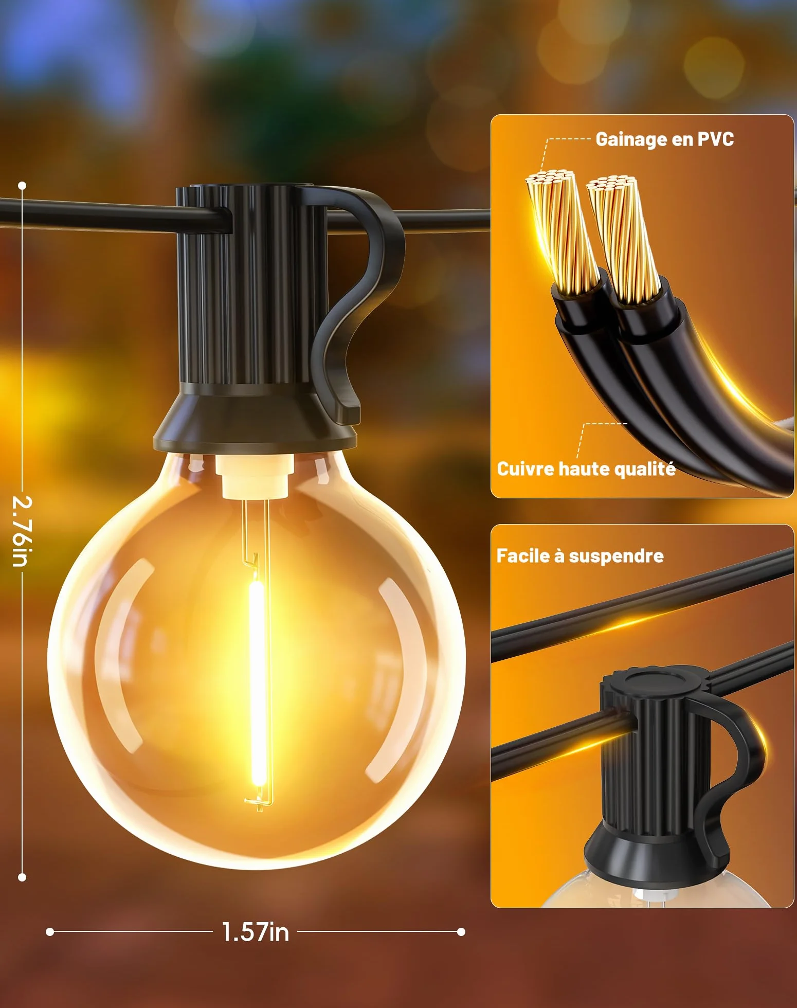Guirlande Lumineuse Extérieure LED G40 9M Incassable Étanche Connectable Blanc Chaud