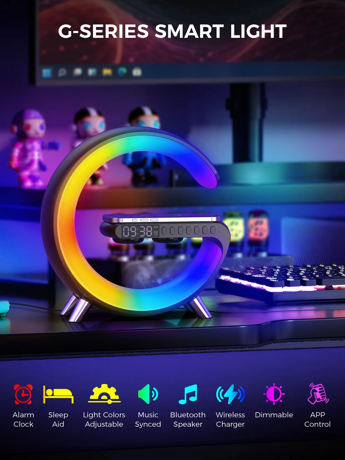Smiling Shark Lampe Ambiance Réveil avec Charge Sans Fil Bluetooth Simulateur Aube Dimmable