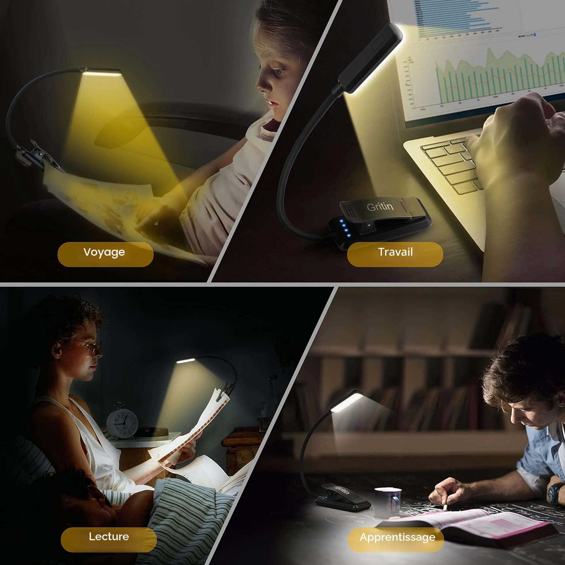 Gritin Lampe de Lecture Rechargeable 9 LED Liseuse Clip Gradation Progressive 3 Modes Protection des Yeux 360° Cou Flexible