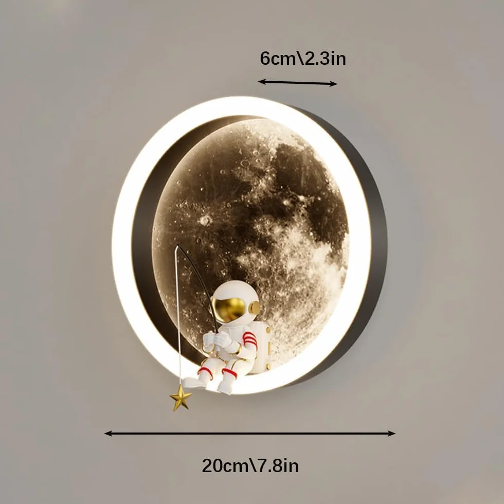 Applique Murale LED Enfants Lune Astronaute Décoration Chambre 3000K 12W Ronde Noir