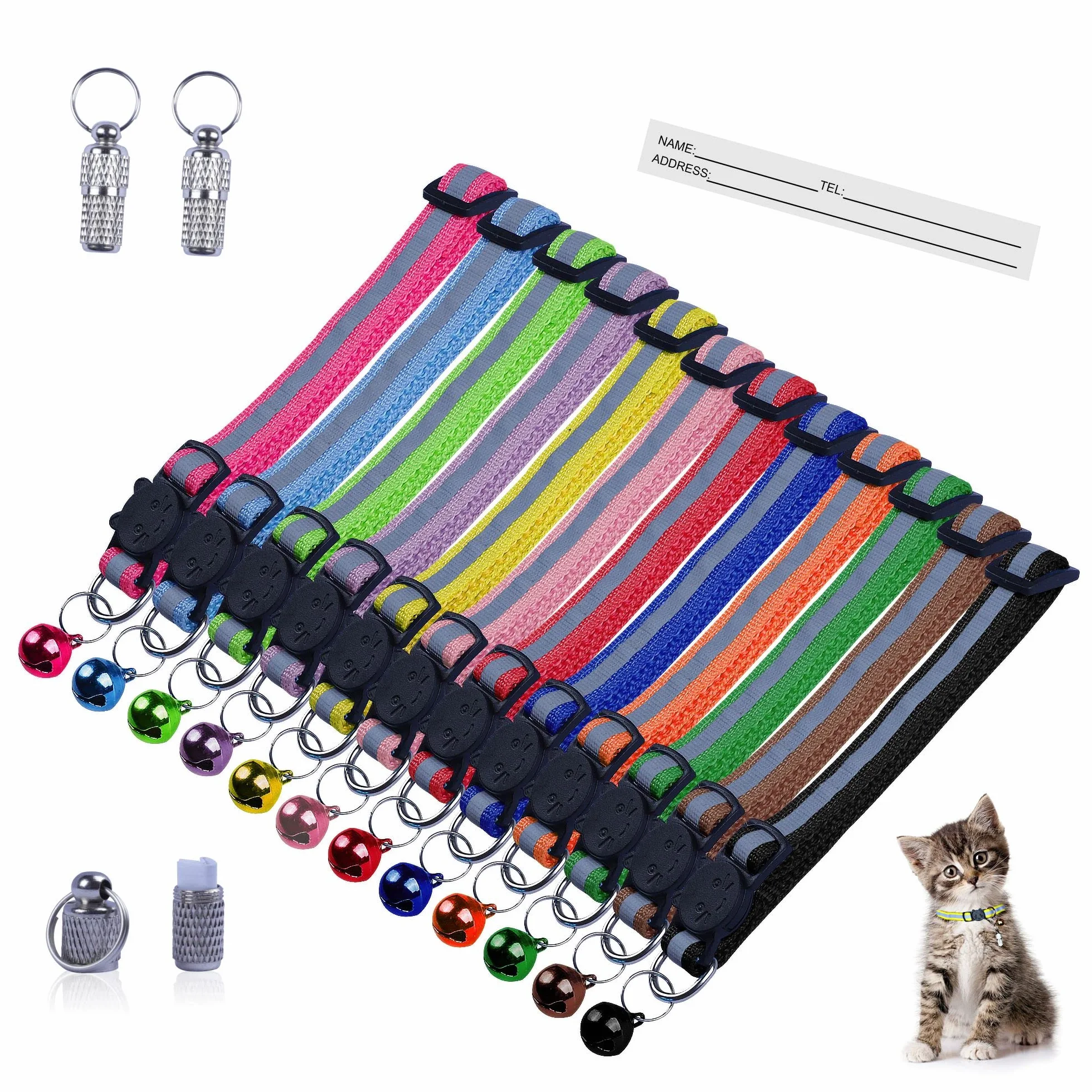 Collier Chat Réfléchissant Nylon avec Boucle Sécurité Anti-Étranglement et ID Tag
