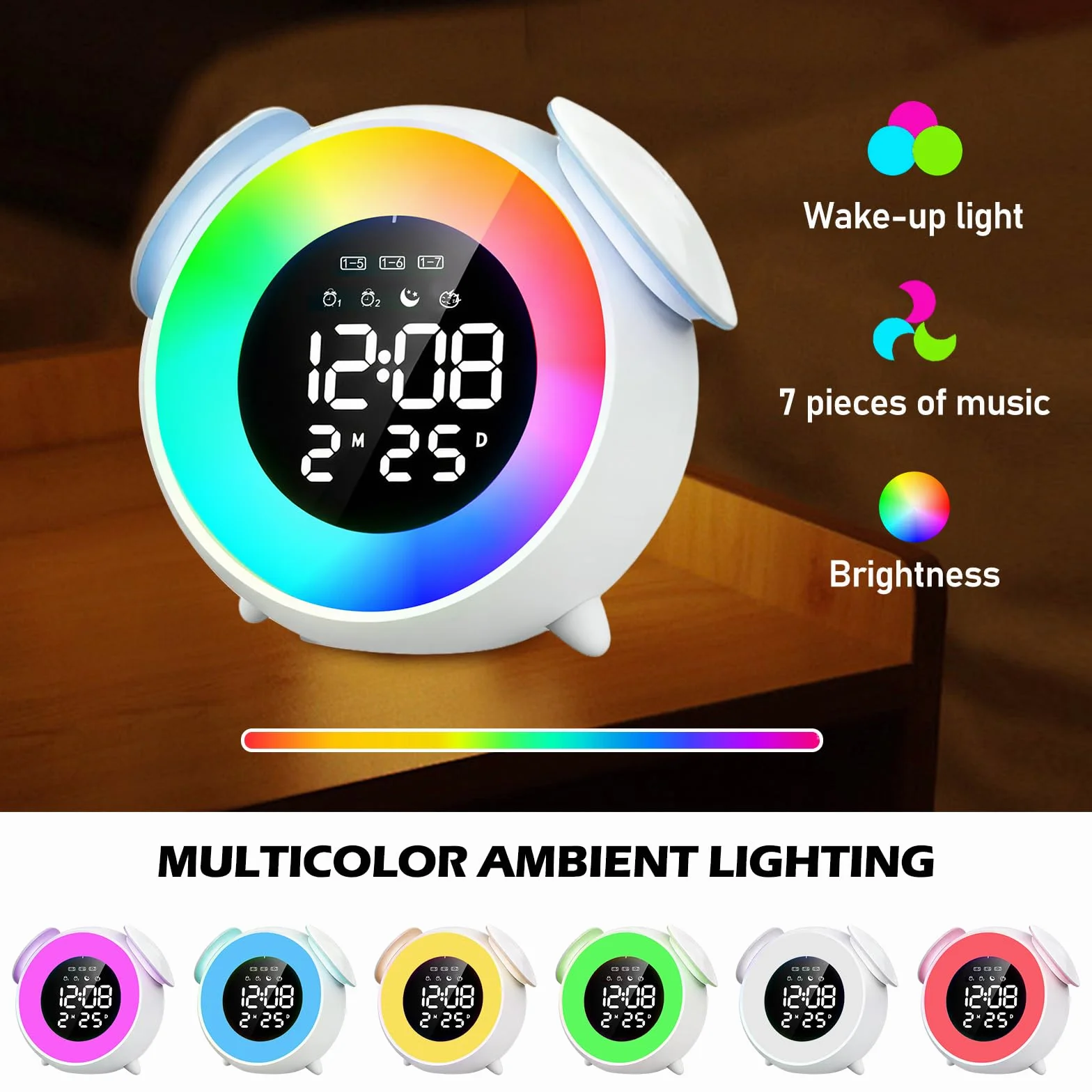 BORDEAG Réveil Enfants Entraîneur Sommeil Veilleuse 15 Couleurs Snooze Double Alarme 12/24