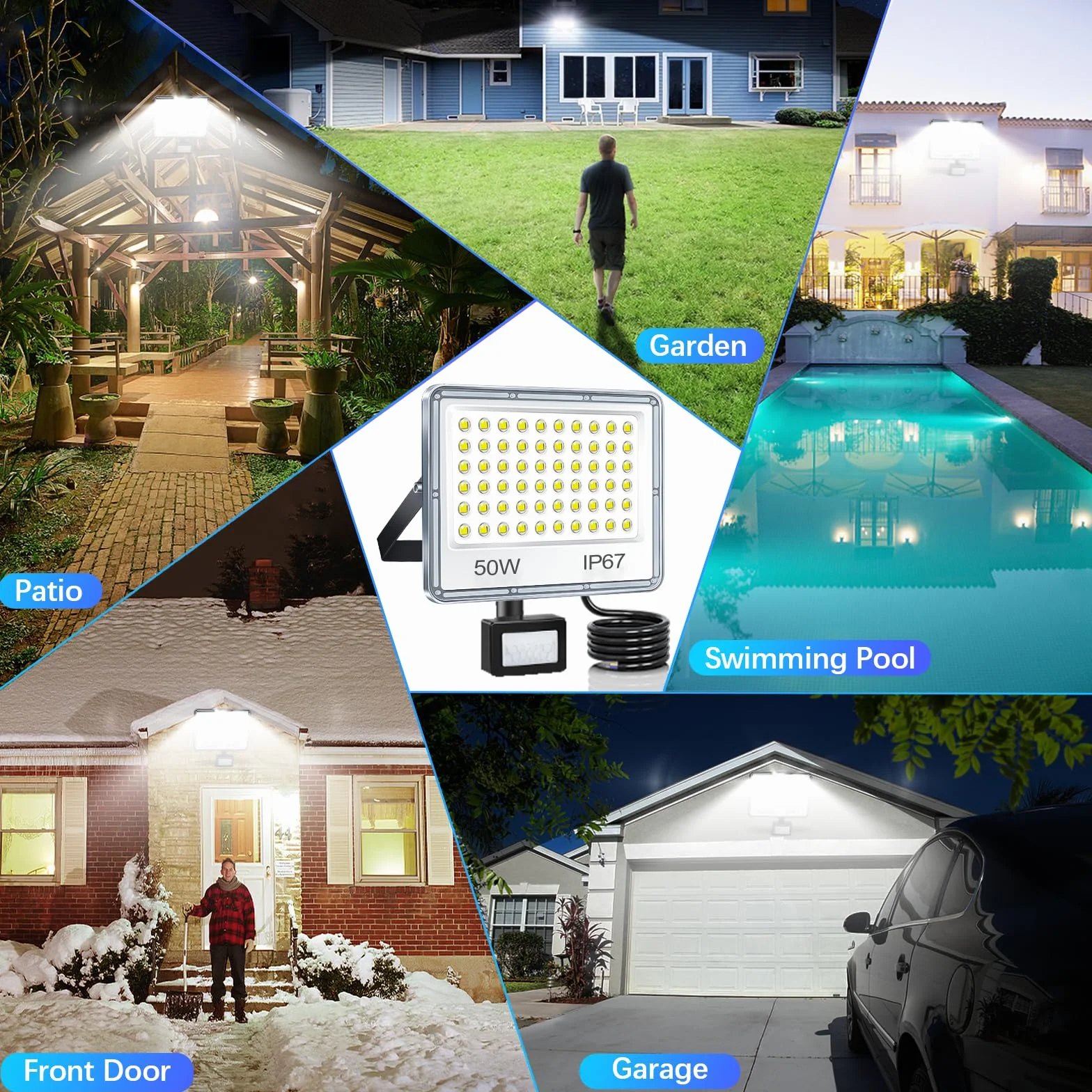 YIQIBRO Projecteur LED Exterieur Detecteur de Mouvement 50W 5000LM 7000K IP67 Etanche Jardin Patio Garage