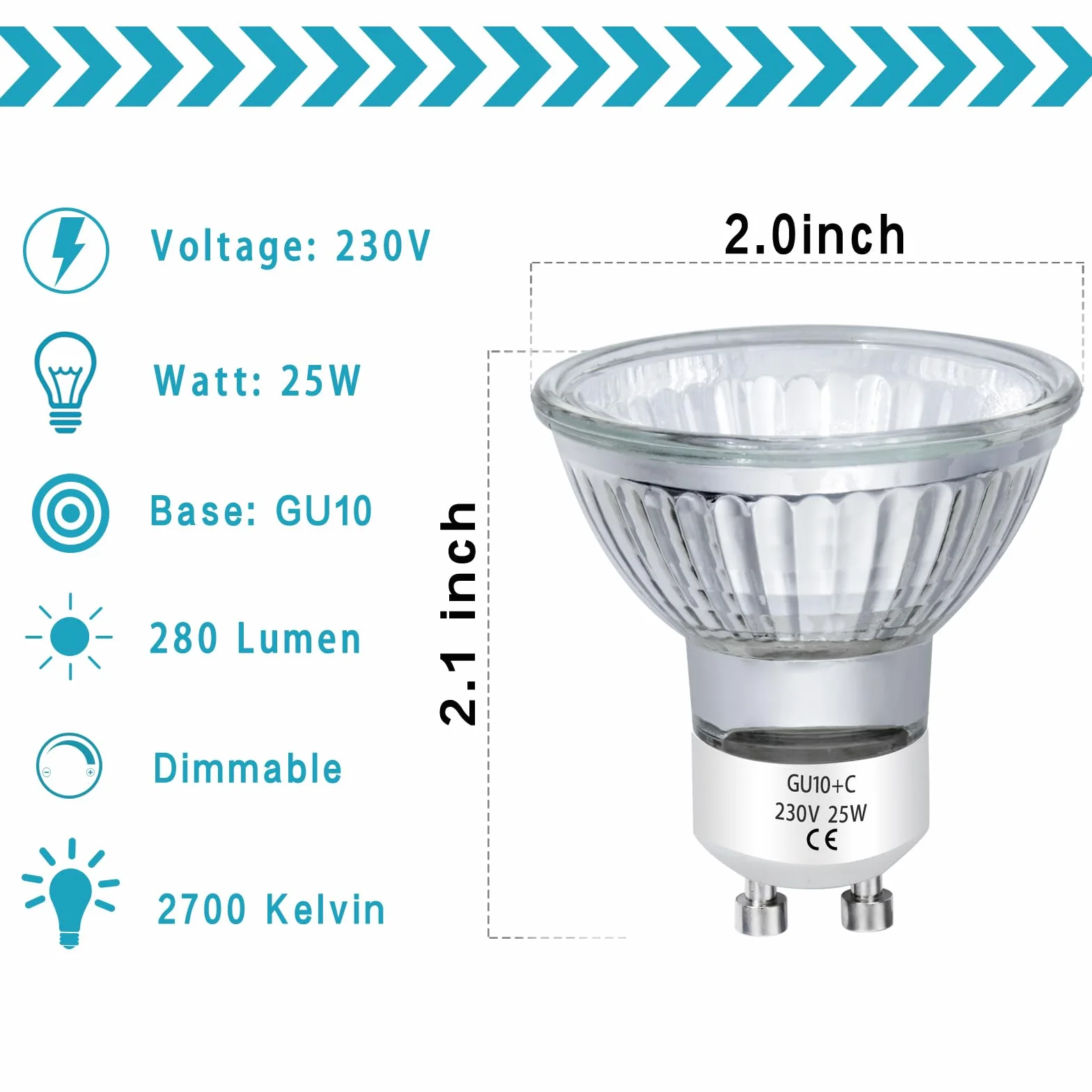 Ampoules Halogènes GU10 25W 230V MR16 Dimmable Blanc Chaud Lot de 6