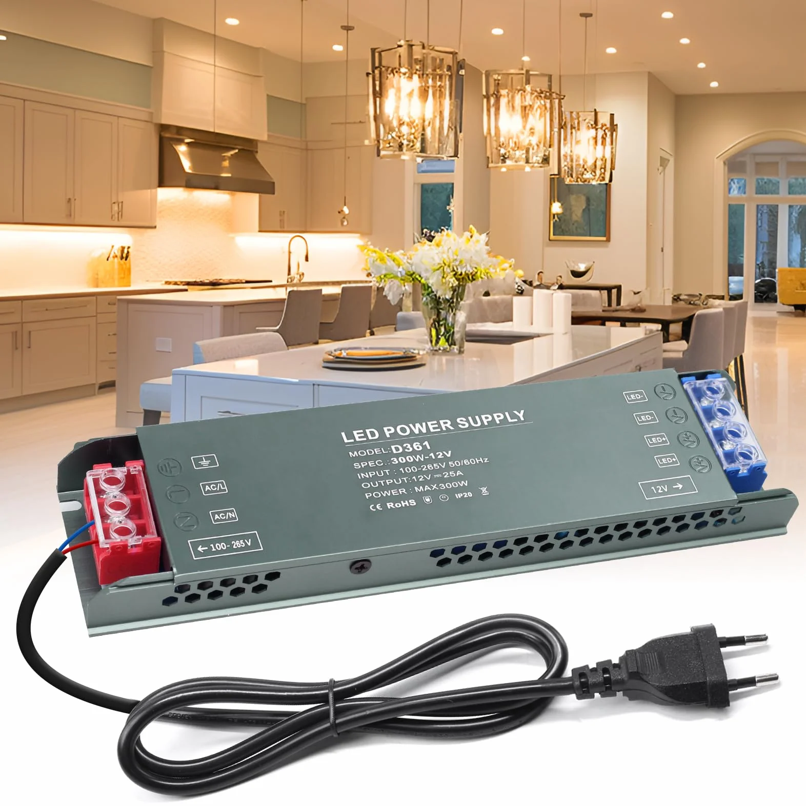 Transformateur 220V 12V LED Driver 300W Ultra Mince 25A Adaptateur Alimentation AC DC Convertisseur Basse Tension