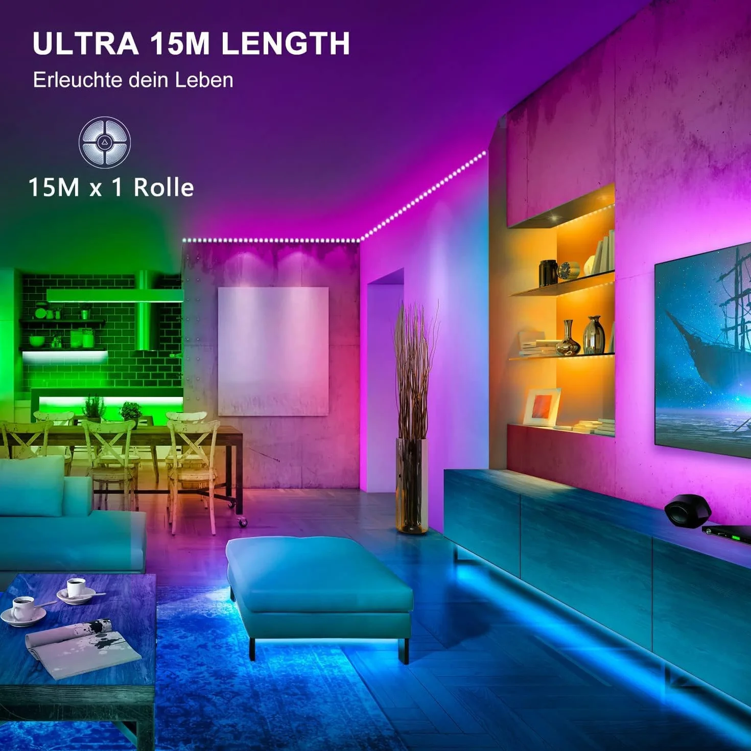 Ruban LED 15M RGB Bluetooth APP Télécommande Lumière Décorative Guirlande Lumineuse Dimmable Musicale Maison Salon Cuisine