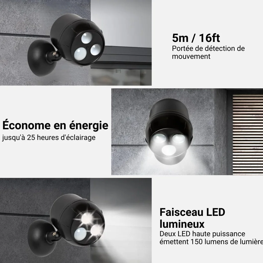 Lampe Detecteur de Mouvement Exterieur LED, 1000 Lumen, Projecteur Sans Fil, Tête Rotative 360°