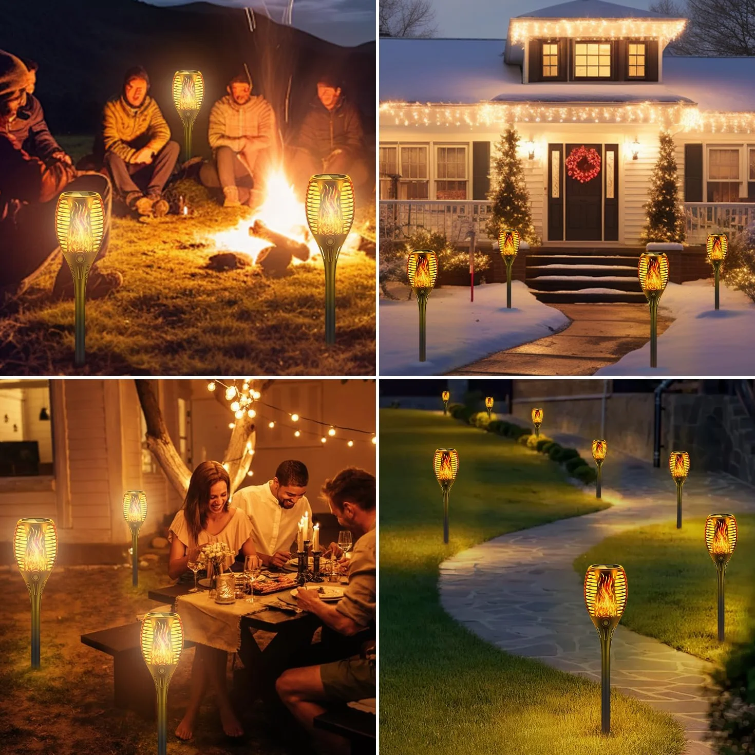 Lampes solaires jardin extérieur effet flamme réaliste étanche IP65 33 LED 4 pièces