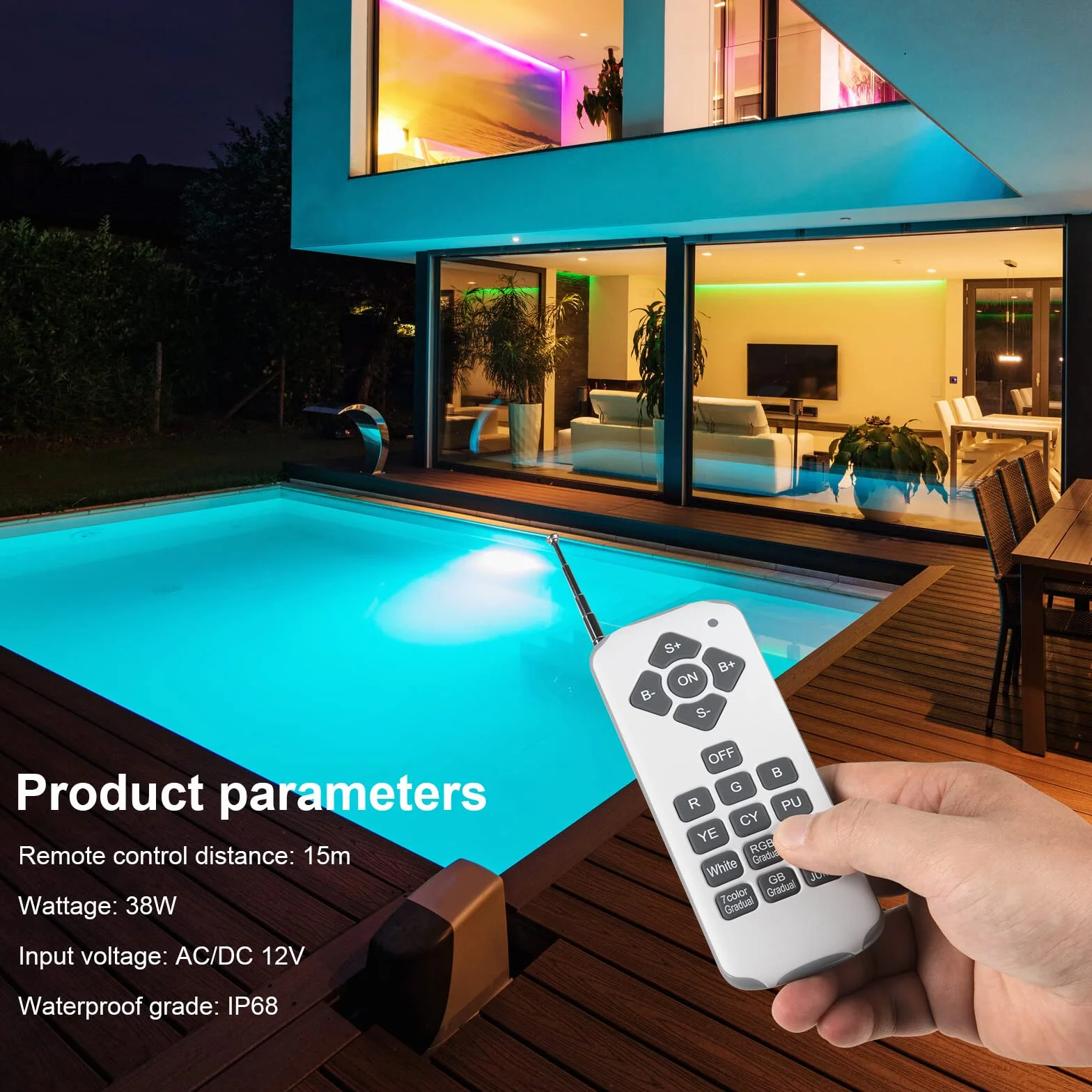Lampe Piscine LED PAR56 38W IP68 RGB Submersible 12V DC/AC avec Télécommande