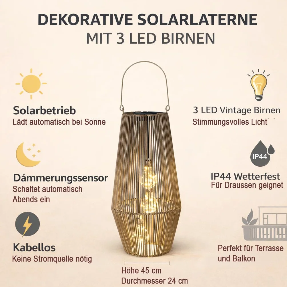 Formano Lanterne solaire d'extérieur 45 cm IP44 avec 3 LED Aspect rotin Capteur crépusculaire