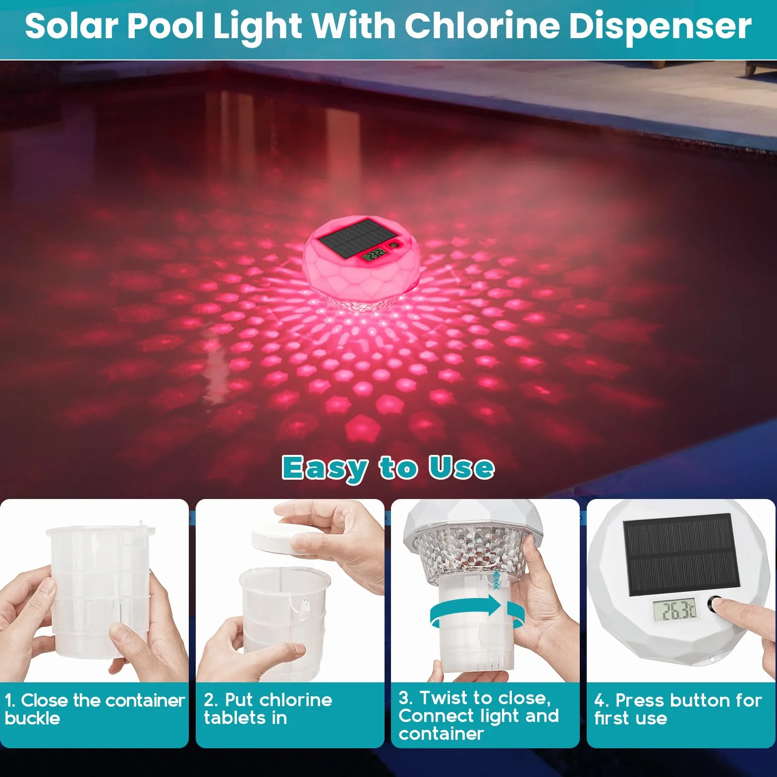 Lumière Piscine Solaire IP68 avec Diffuseur Chlore, Télécommande, 8 Couleurs, Minuterie