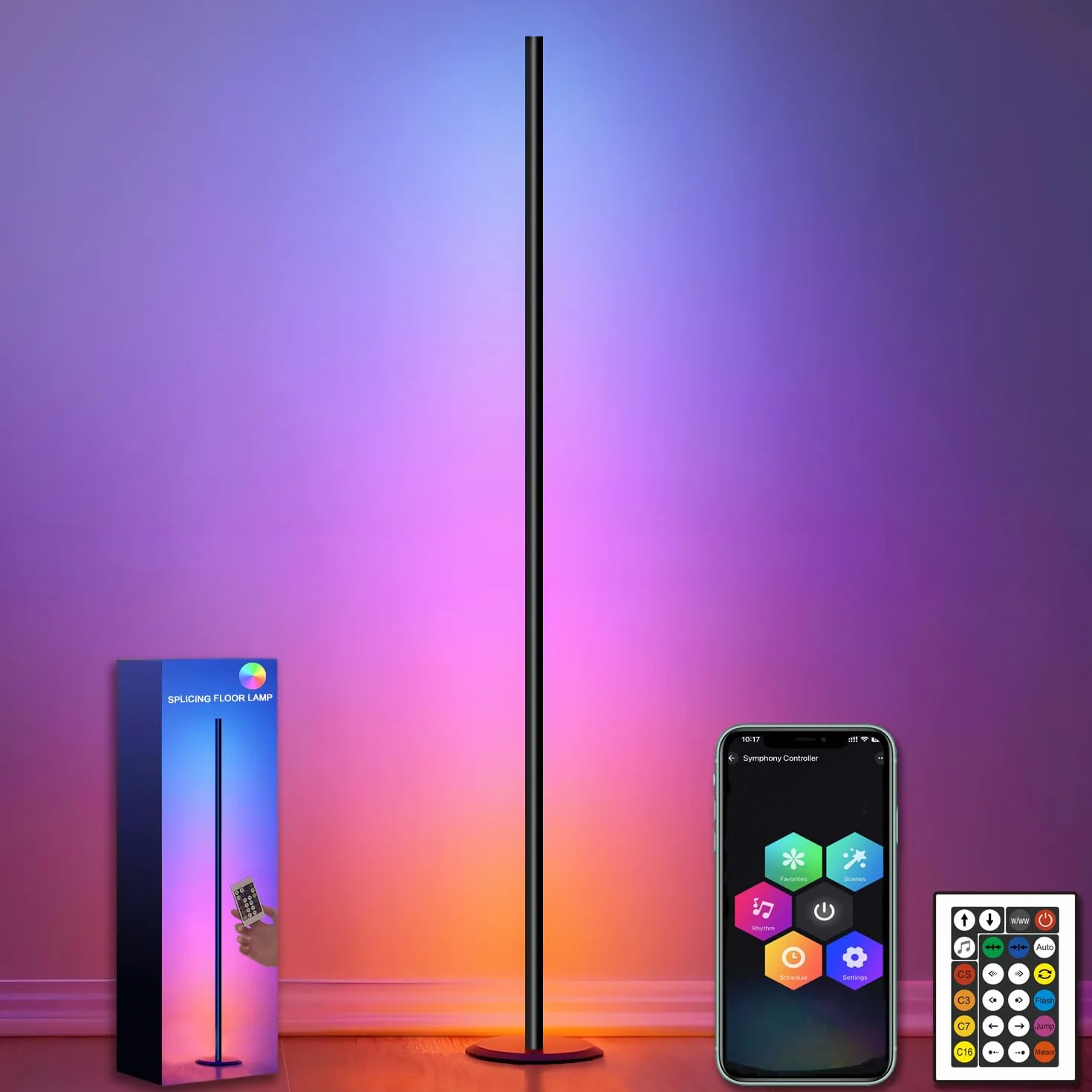 Lampadaire LED RGB 16 Millions Couleurs, Dimmable avec Télécommande et APP, 46 Modes Scène, Sync Musique, Noir