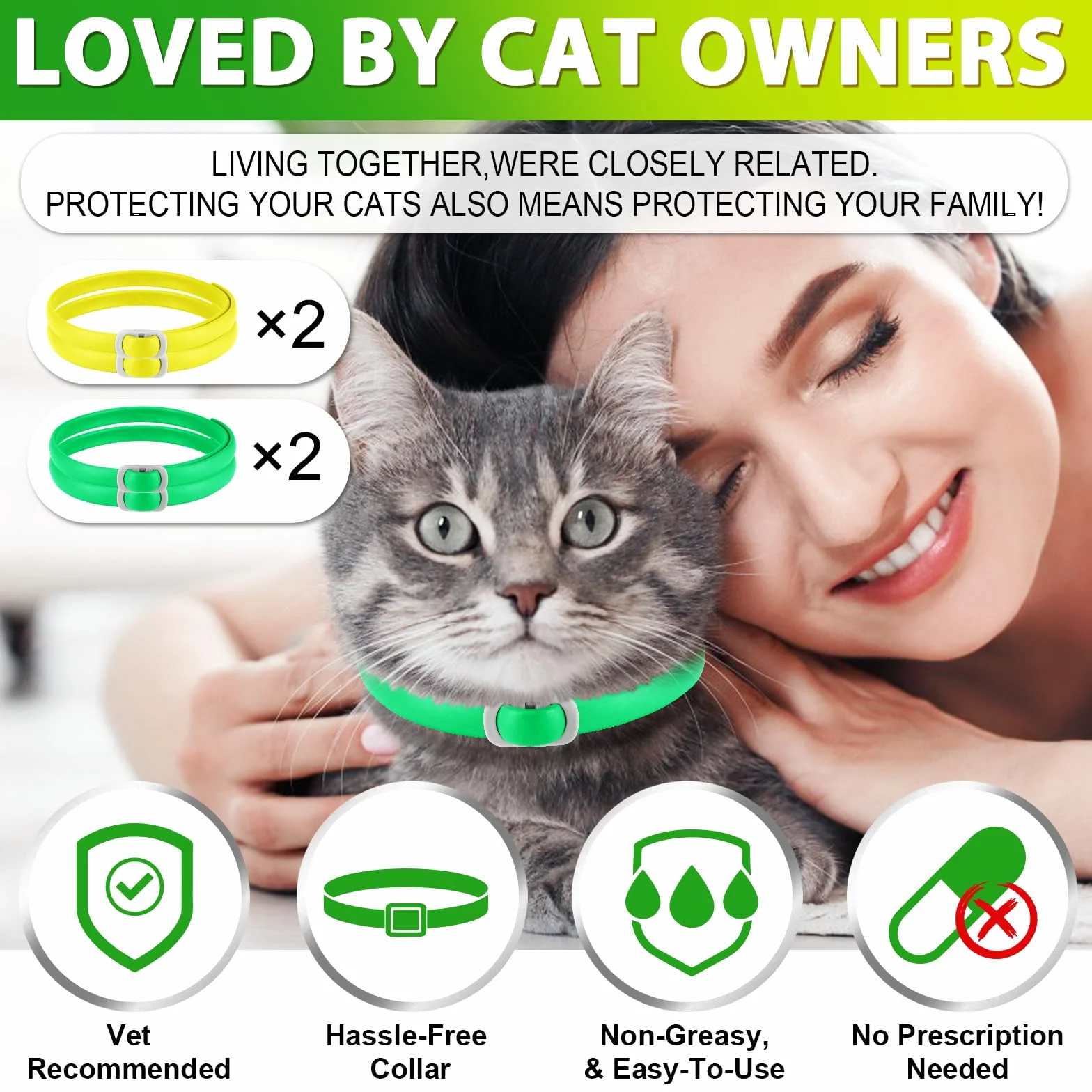 Collier pour Chat Imperméable Anti-Puces et Tiques, Ensemble de 4, Protection 24 Mois