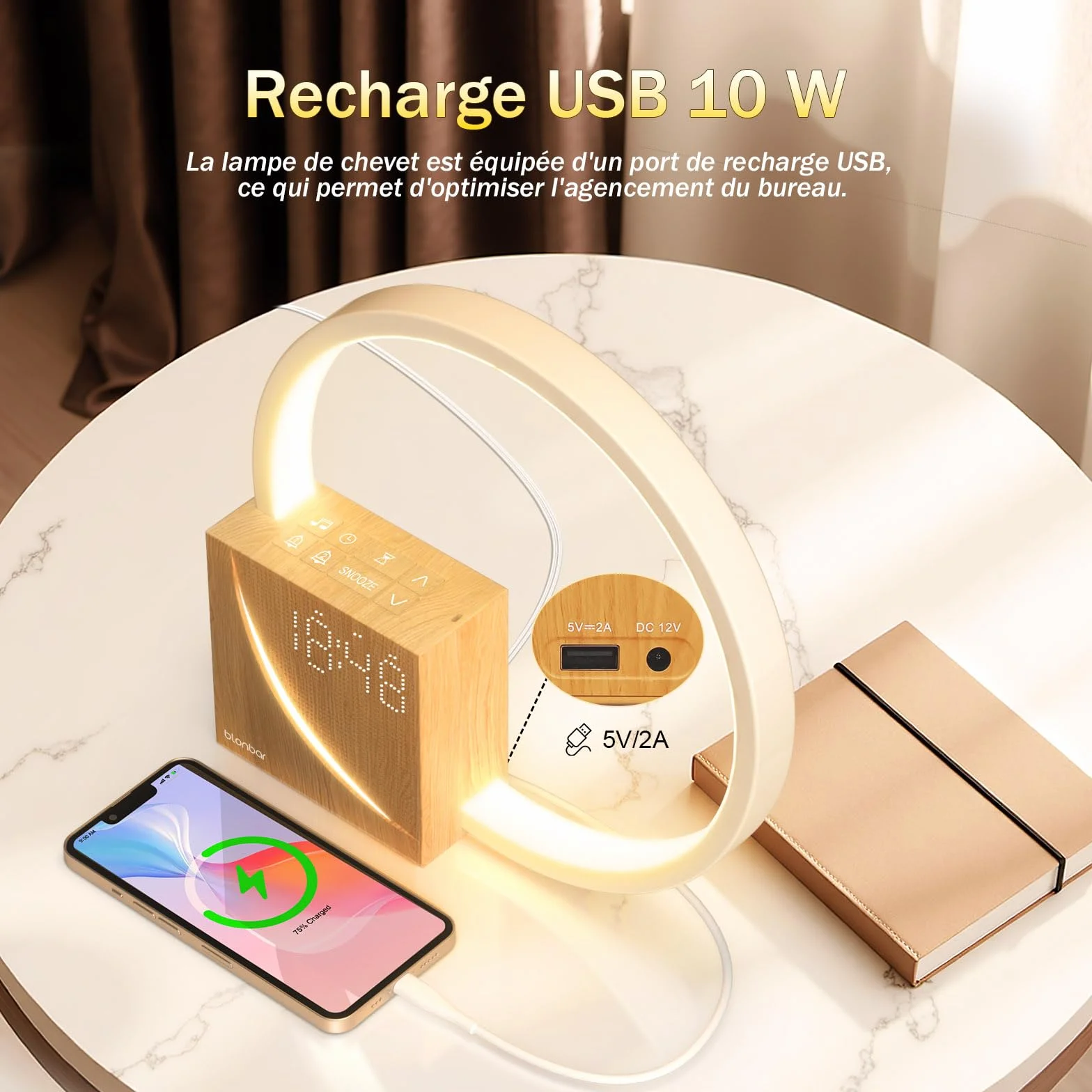 blonbar Lampe De Chevet USB Réveil Lumière Touch Control 10W Veilleuse 3 Niveaux Luminosité