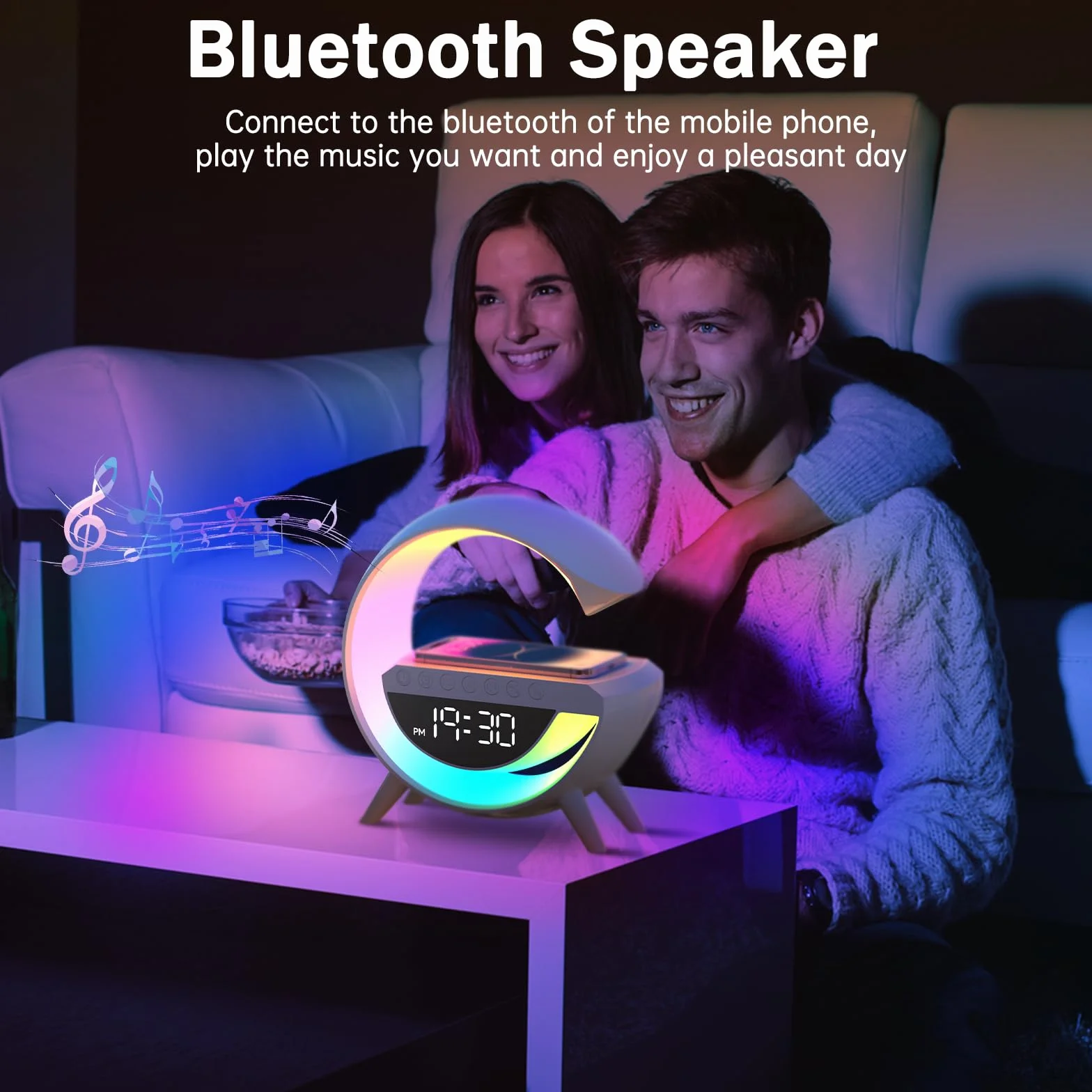 Chargeur sans fil Lampe LED Réveil avec haut-parleur Bluetooth 15W 13 Modes Lumières pour bureau