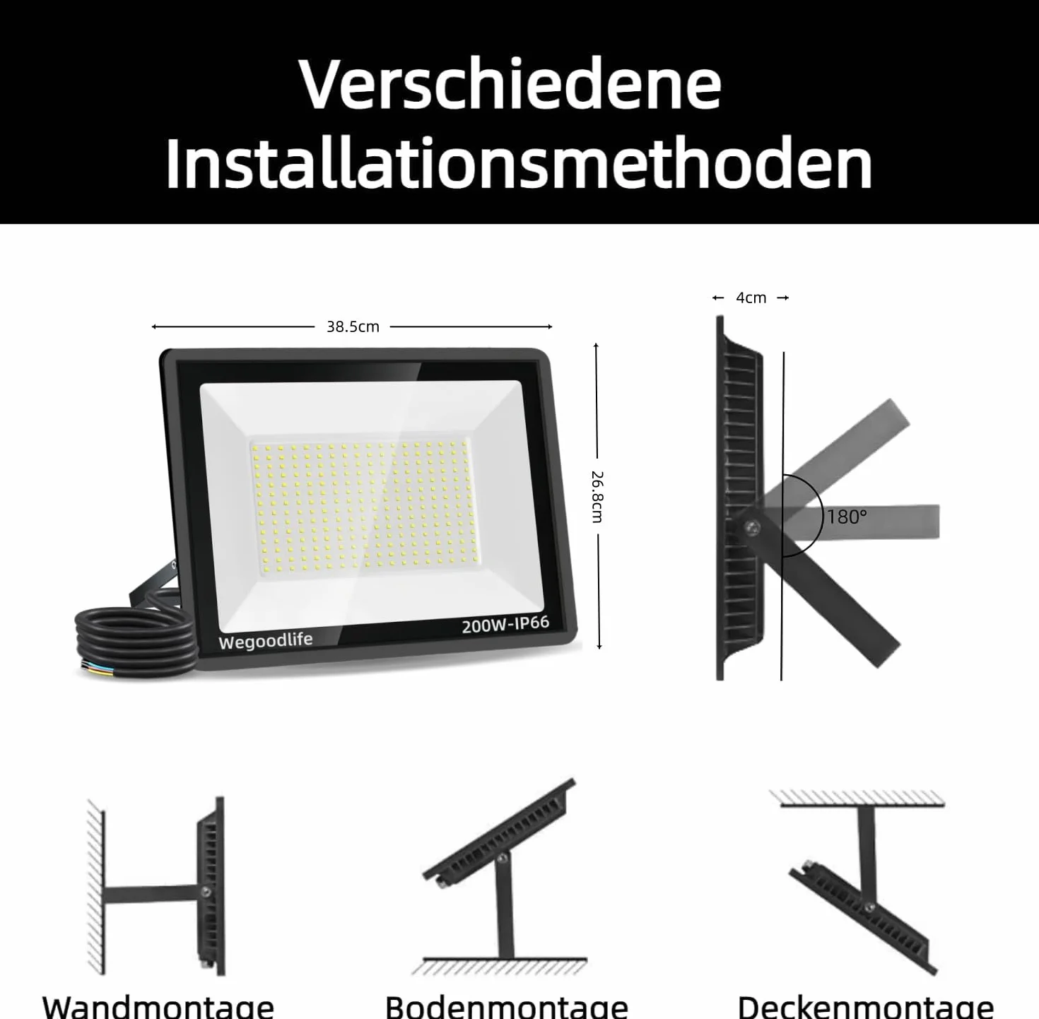 Projecteur LED Extérieur 200W 20000LM 6500K IP66 Étanche Éclairage Mural
