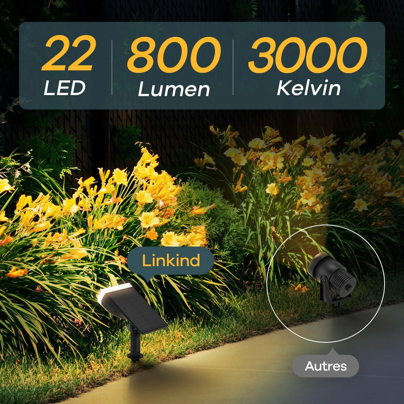 Linkind Lampe Solaire Extérieur 800lm, Spot Solaire 3000K Blanc Chaud, IP65, Lot de 6