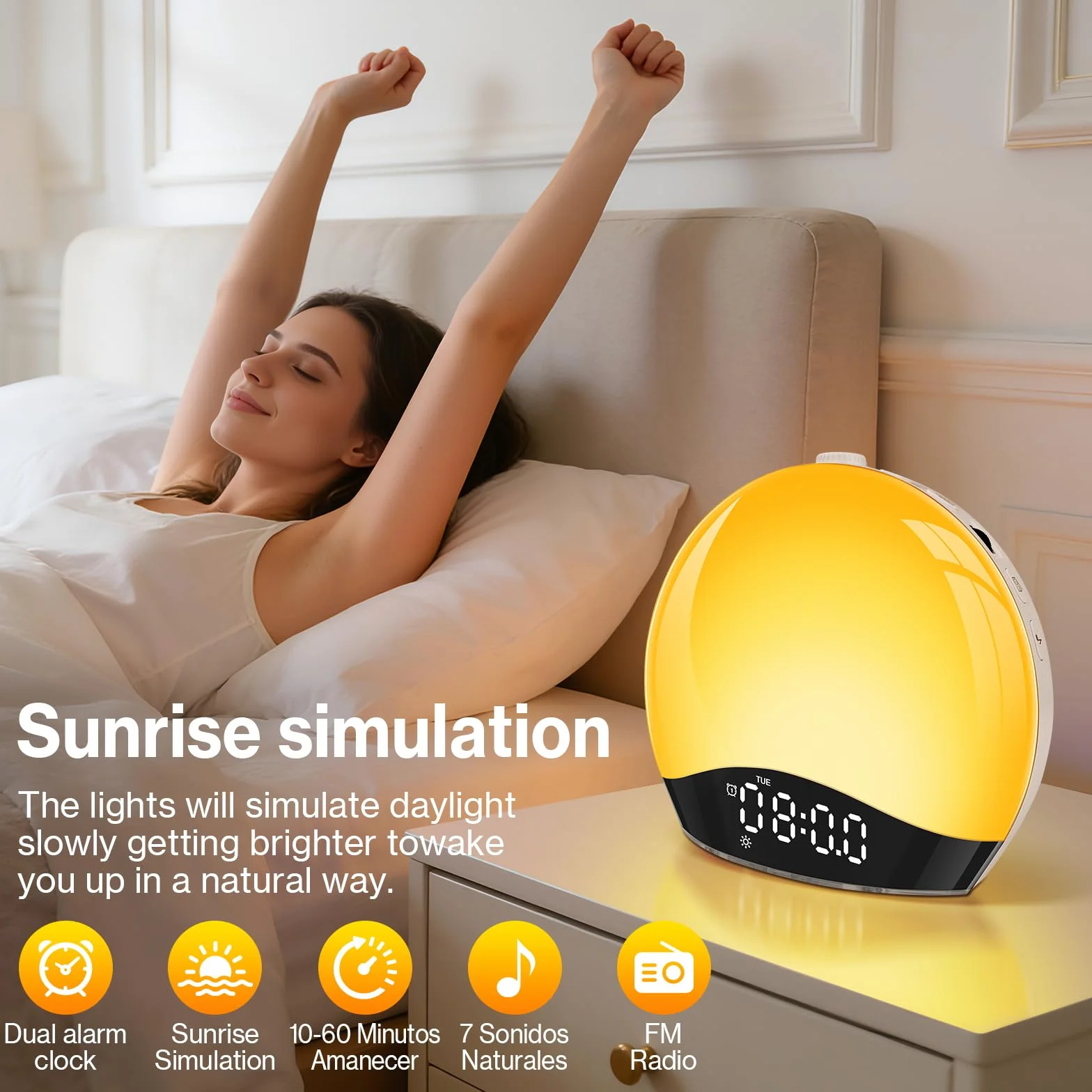 Eveil Lumière avec Enceinte Bluetooth Lampe Réveil Simulateur d'Aube LED 17 Couleurs 20 Niveaux Luminosité