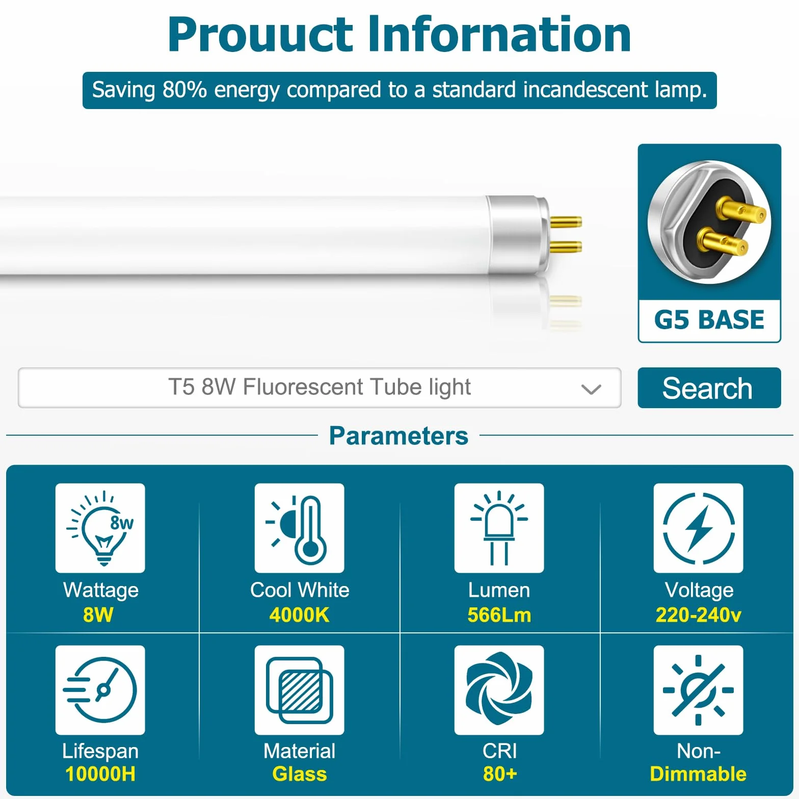 Tubes Fluorescents T5 8W 288mm G5 Base 4000K Blanc Froid