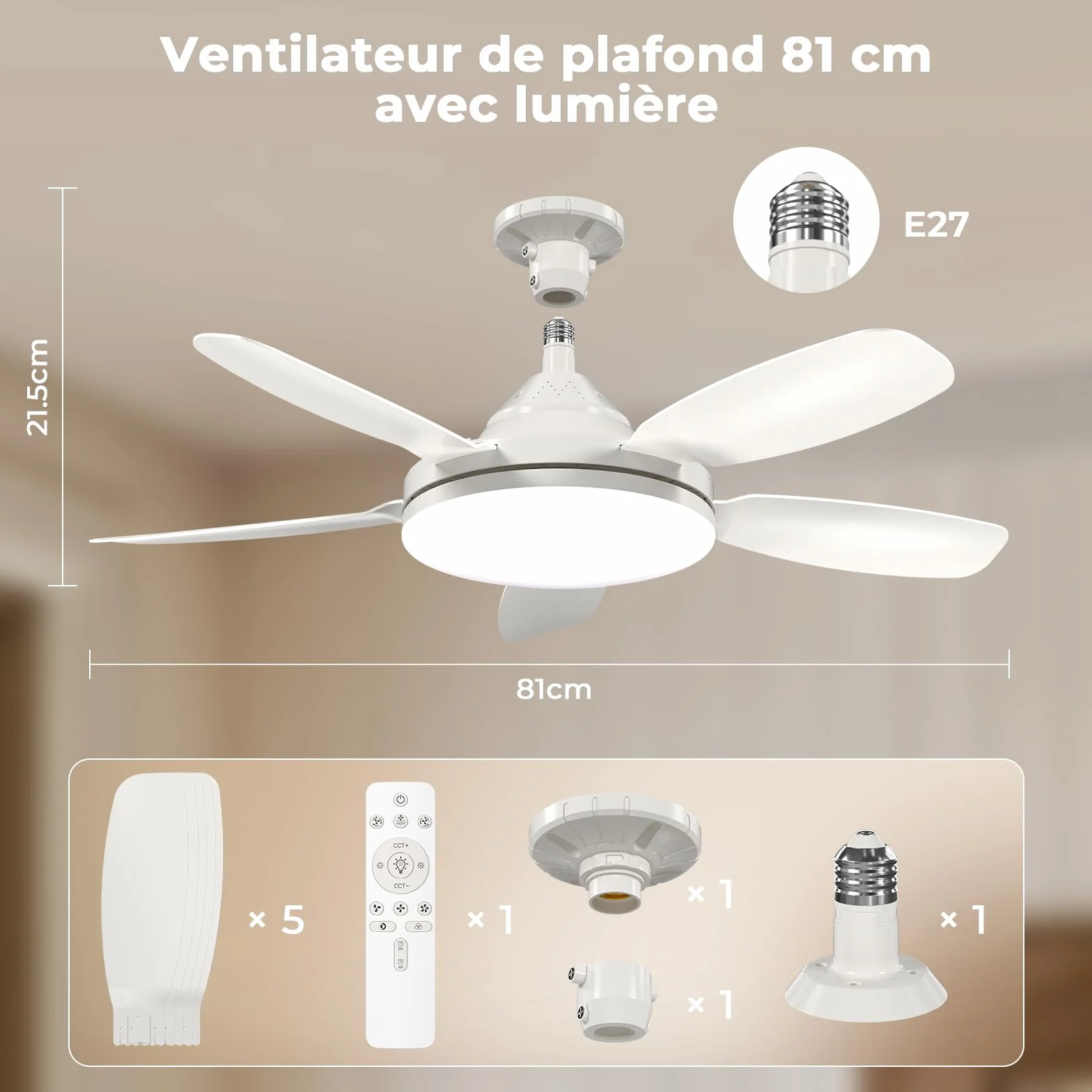 GOODEA Ventilateur de Plafond avec Lumière et Télécommande 81cm, E27, 2500LM Silencieux pour Salon Chambre