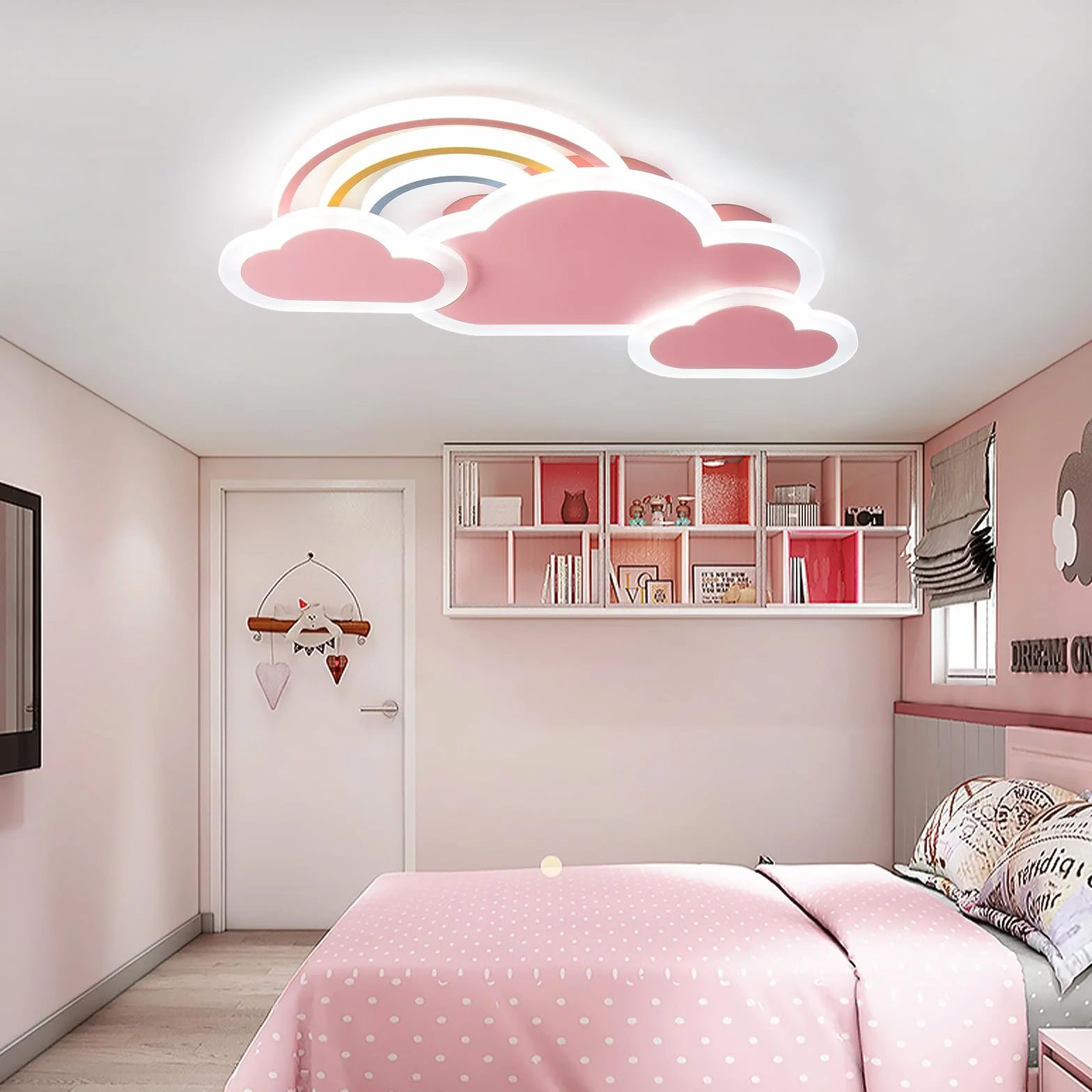 Plafonnier LED Enfant 30W 55cm Nuages Arc-En-Ciel Dimmable Télécommande APP Rose