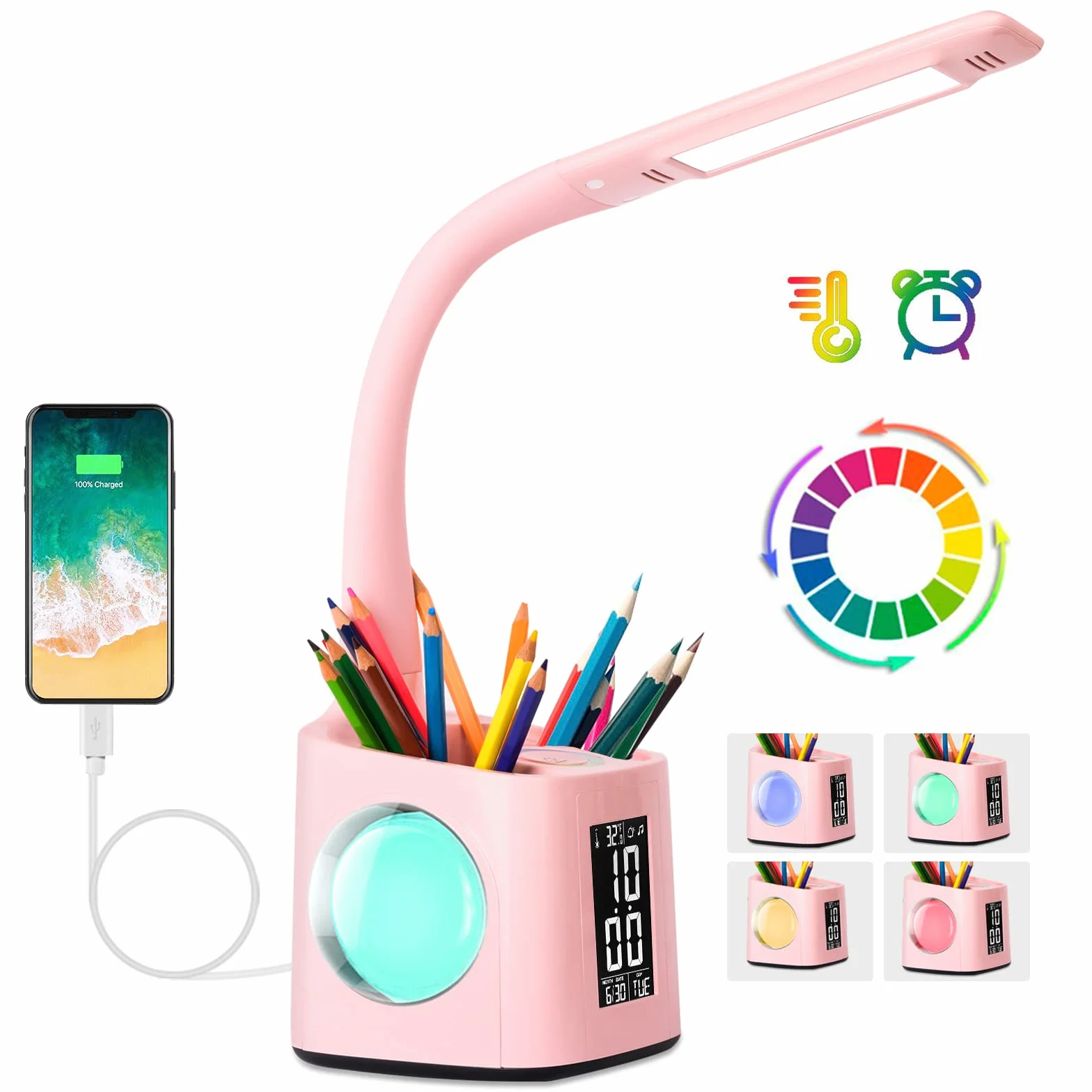 Lampe de Bureau LED Enfant avec Horloge, Réveil, Calendrier, Thermomètre, RGB et Porte-Stylo, Réglable, Protection des Yeux, Rose
