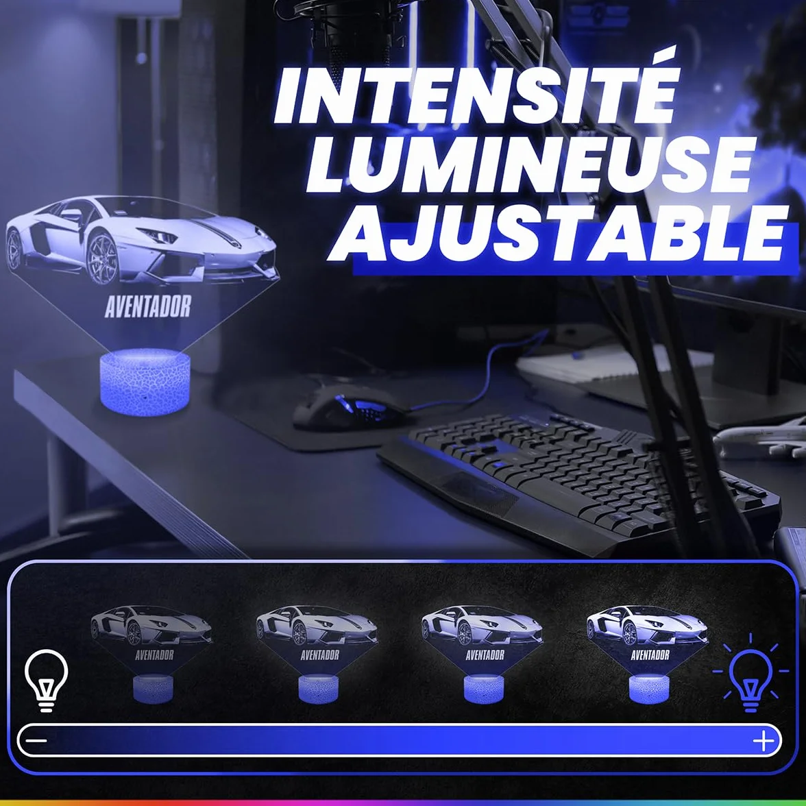 Lampe 3D Voiture Sportive Aventador, Veilleuse Tactile LED Illusion Effet Hologramme, Idée Cadeau Fan Automobile