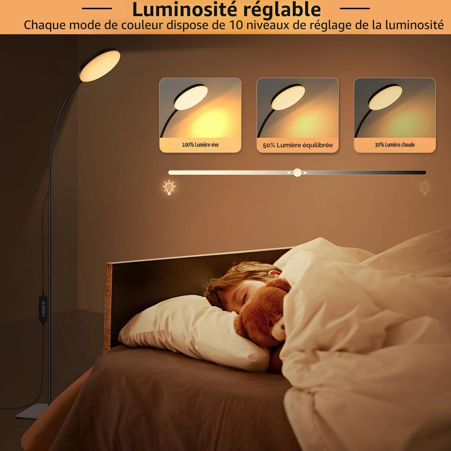 Mojimdo Lampadaire avec télécommande LED fin sur pied, gradation 3 couleurs 10 luminosités, flexible