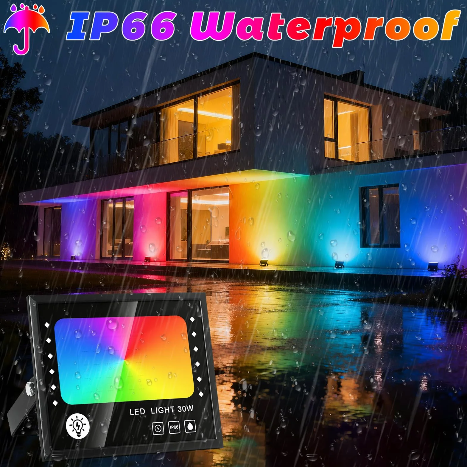 CREATESTAR 30W Projecteur LED RGB Exterieur 2pcs, 16 Millions Couleurs, IP66 Etanche avec APP Bluetooth et Telecommande