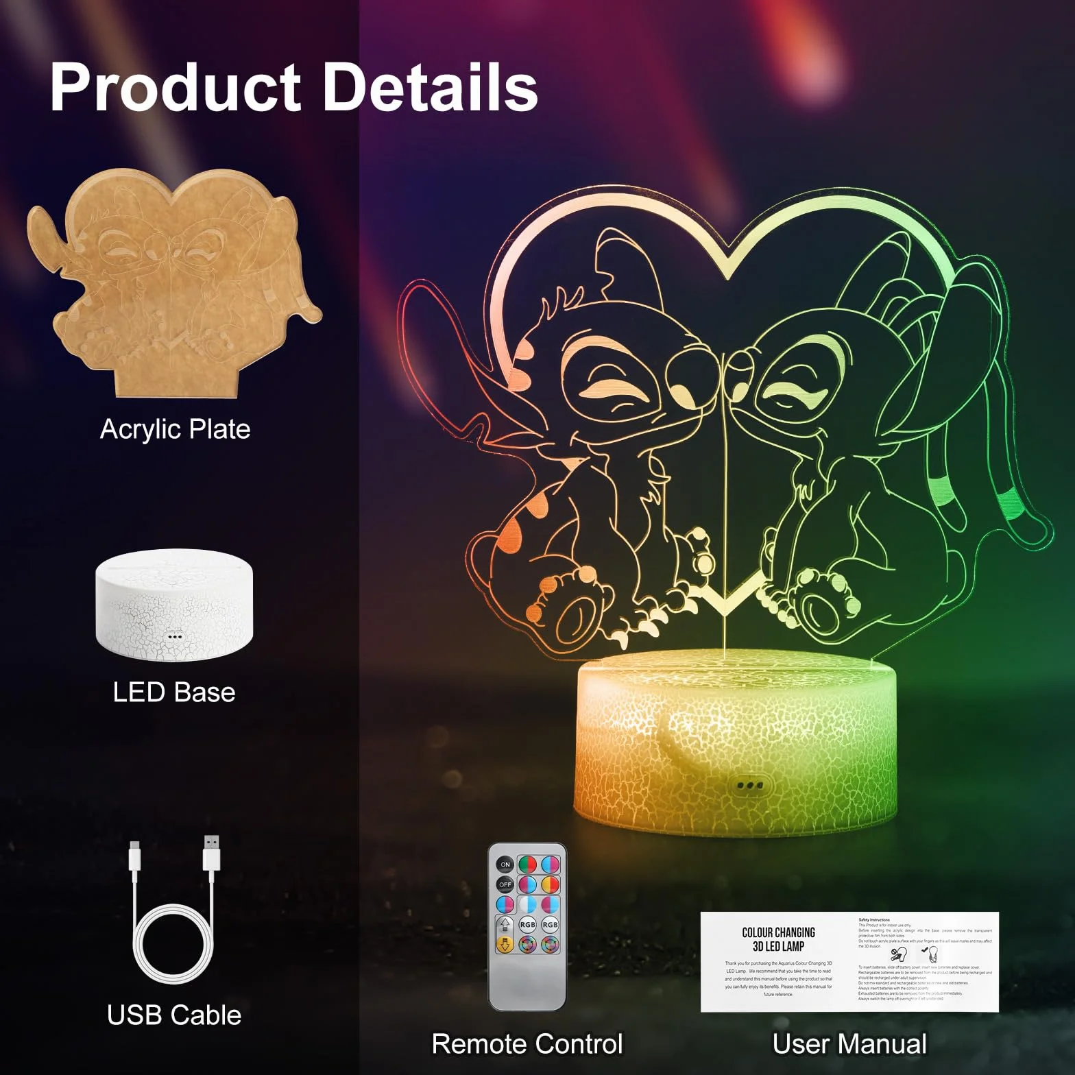 Lampada Stitch 3D LED 32 Couleurs Double Affichage Veilleuse avec Télécommande Smart Touch Décoration Chambre Enfant Cadeau Anniversaire Noël