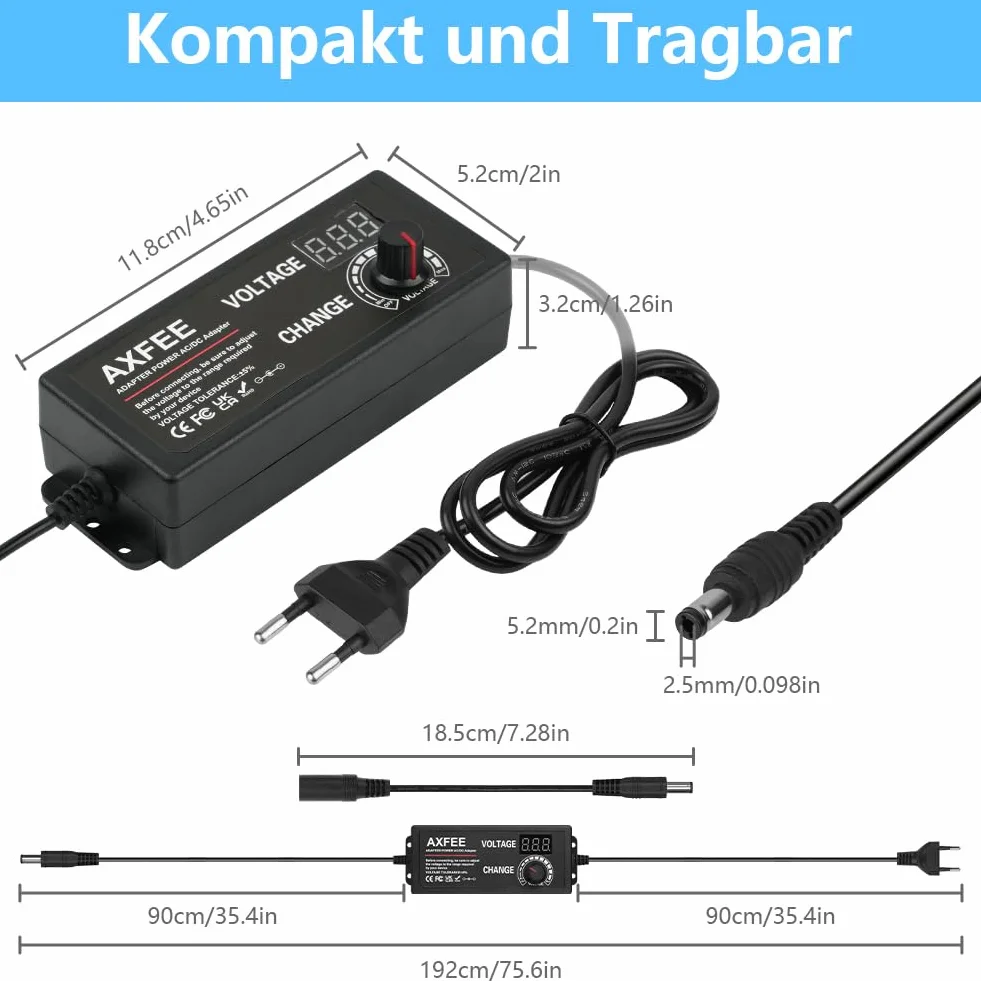 AXFEE Alimentation réglable 72W 24V 3A Adaptateur universel 11 DC pointes 100-240V AC à DC 3-24V