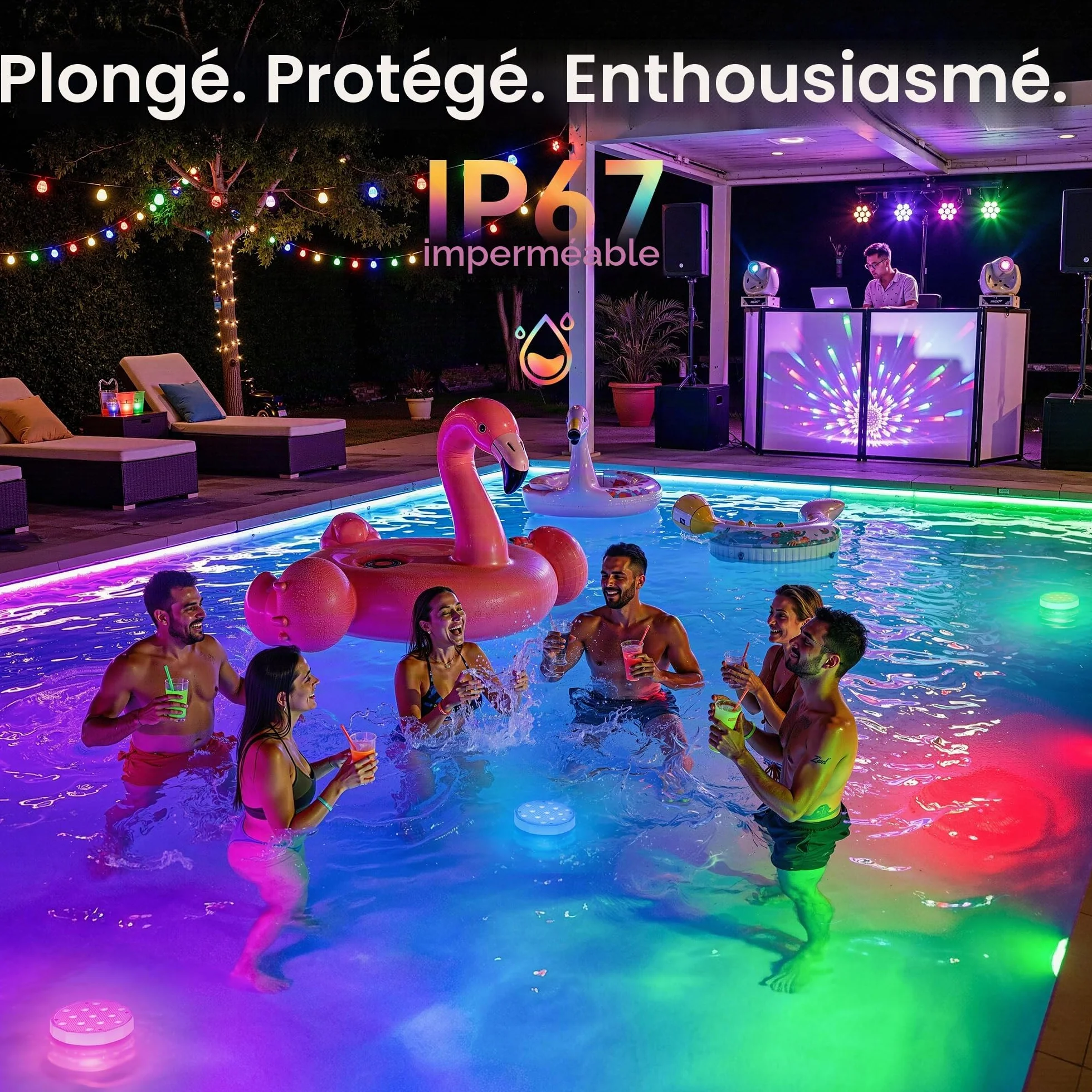 Ollny Lampe de Piscine Magnétique LED RGB Submersible Rechargeable IP67 avec Télécommande