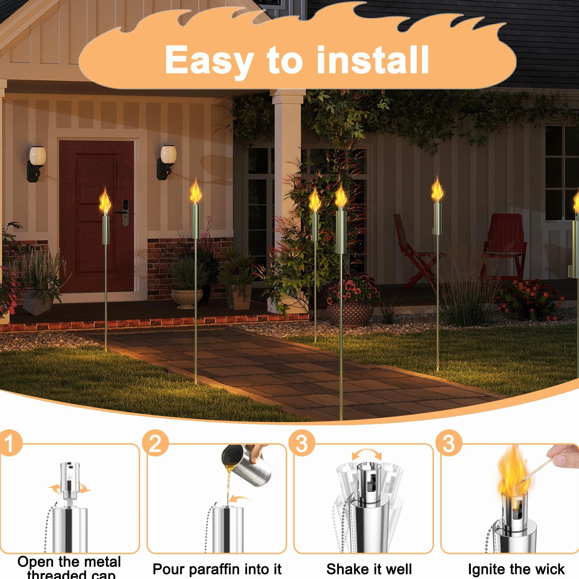 Lot de 6 torches de jardin en acier inoxydable 330 ml 115 cm rechargeable à huile