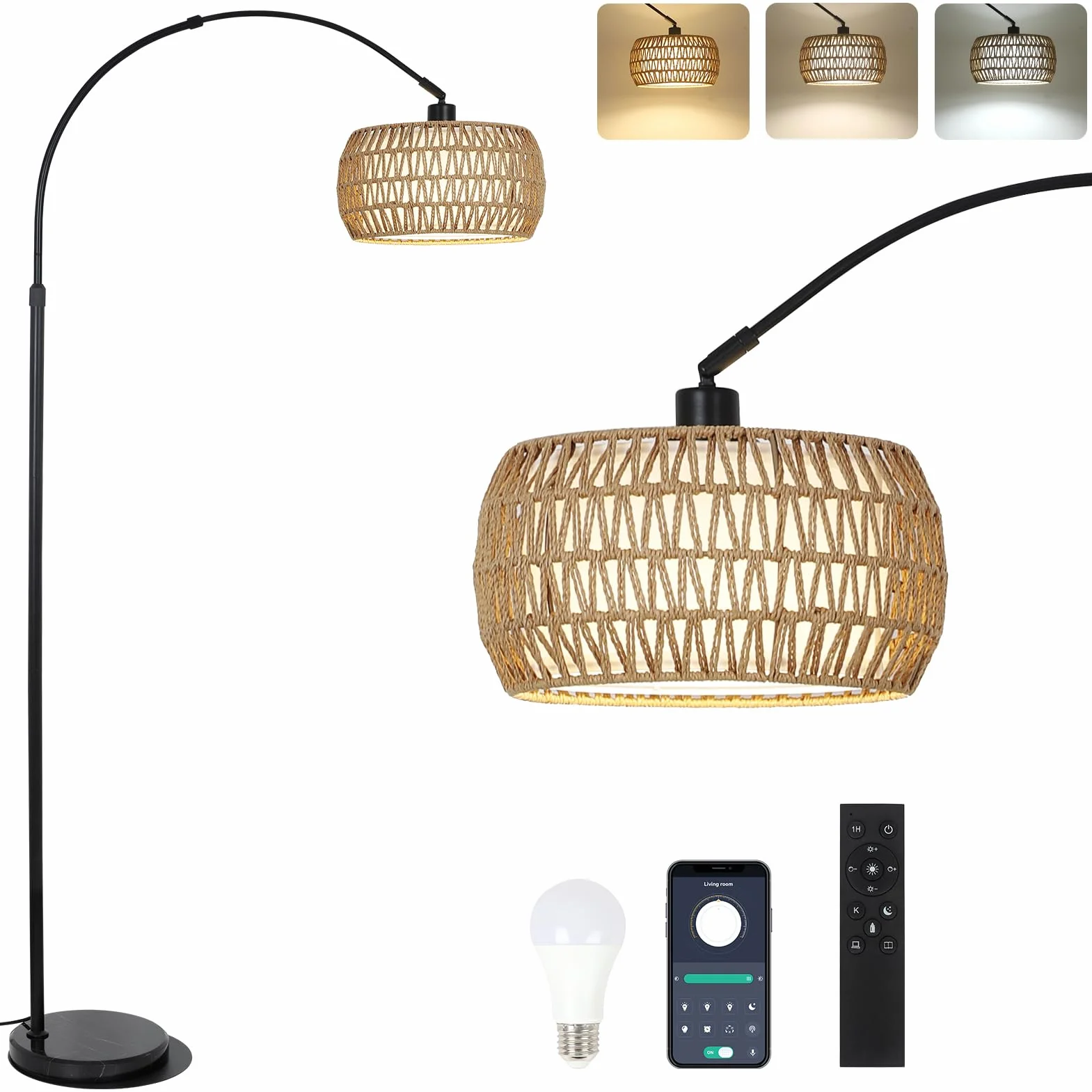 Rayofly Lampe à Arc Vintage avec Abat-Jour en Rotin, Télécommande et Ampoule LED, Contrôle par Application