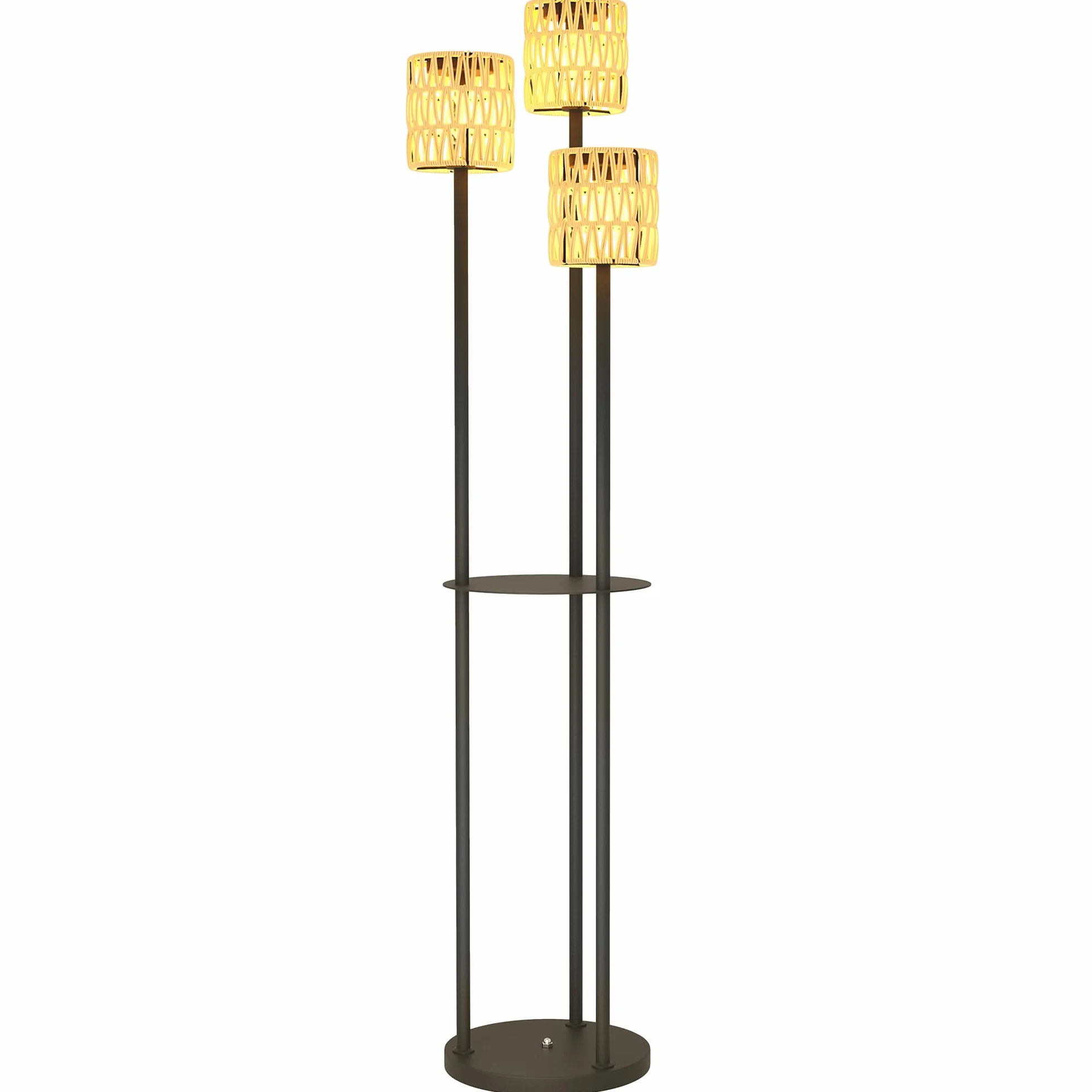 Outsunny Lampadaire solaire extérieur résine tressée 3 lumières bohème capteur étagère IP44 jardin patio terrasse Ø37 x 144 cm jaune