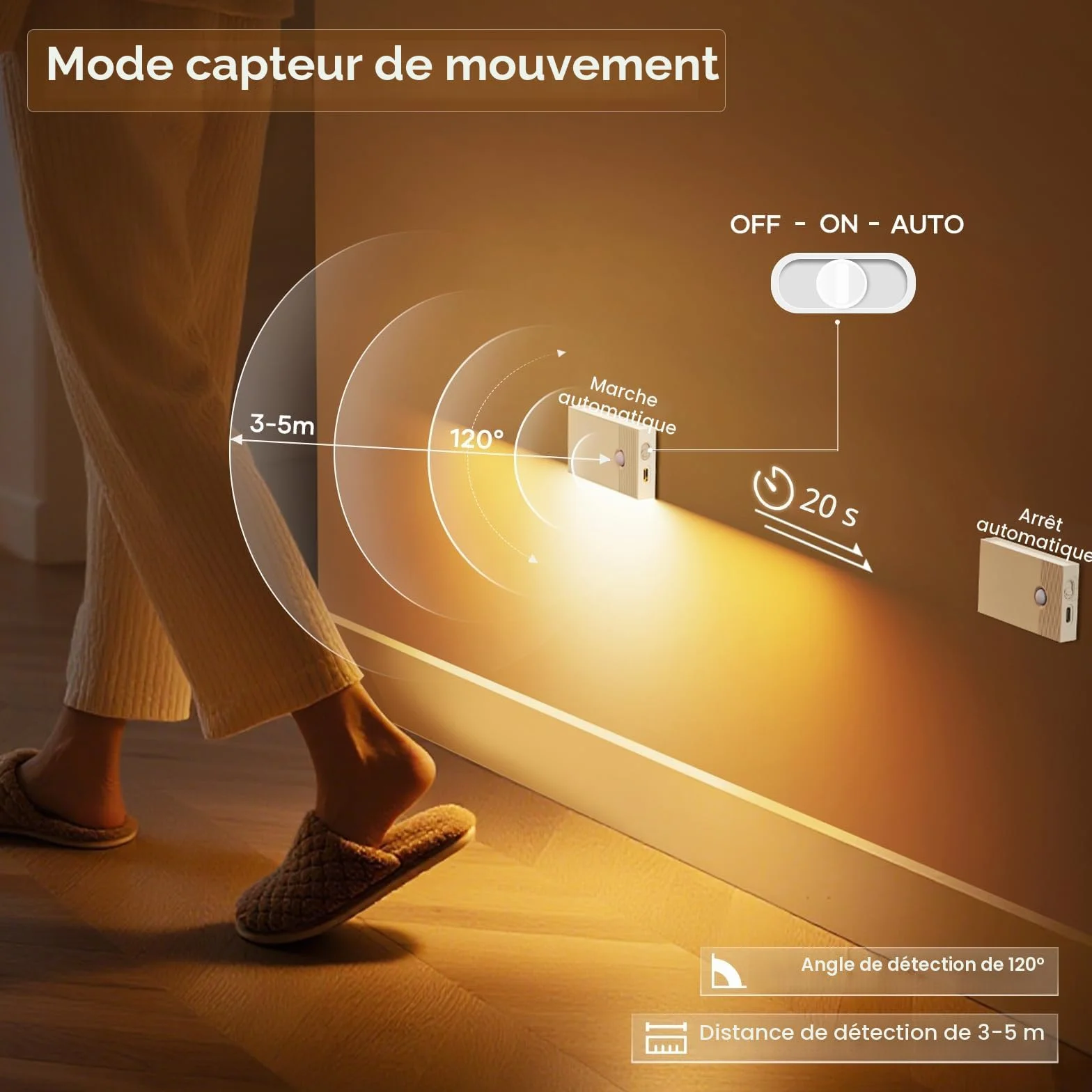 Veilleuse Détecteur de Mouvement LED Rechargeable Lot de 4 2700K pour Intérieur Escaliers Couloirs