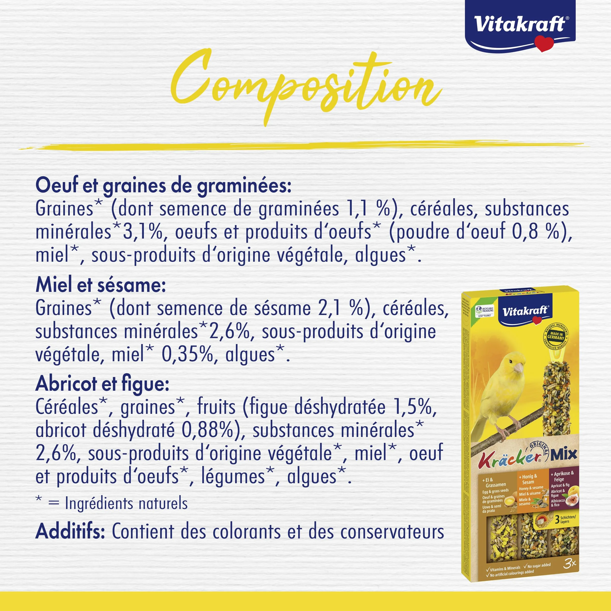 Vitakraft Kräcker Mix friandises pour oiseaux bâtonnets à l’œuf graines d’herbe abricot figue miel sésame soin du bec sans sucre ajouté 80g