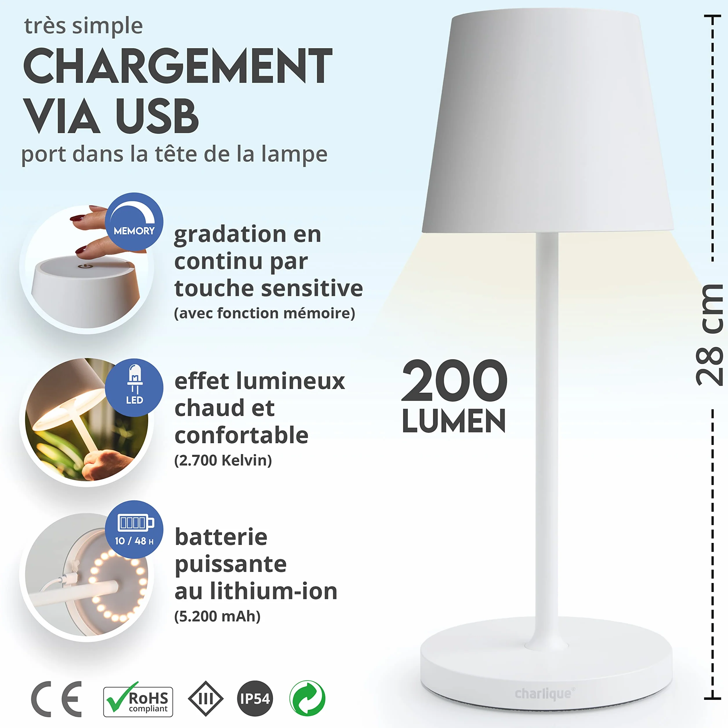 Lampe LED à poser rechargeable USB blanc double pack – lampe nomade tactile sans fil avec variateur pour extérieur