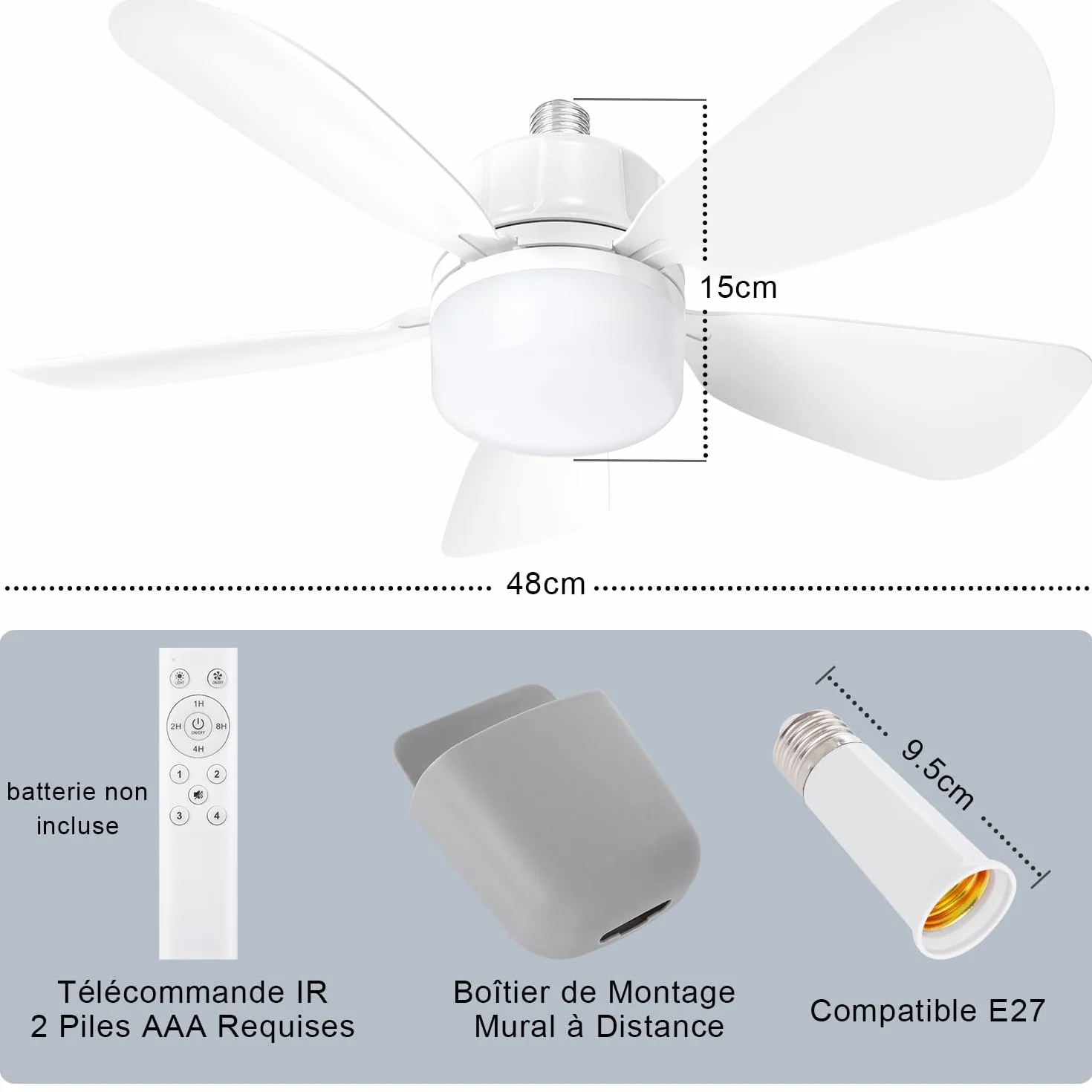 Ventilateur à Douille avec E27 Base LED Plafond Lumière Télécommande 50CM Salle de Bain Cuisine Chambre Garage