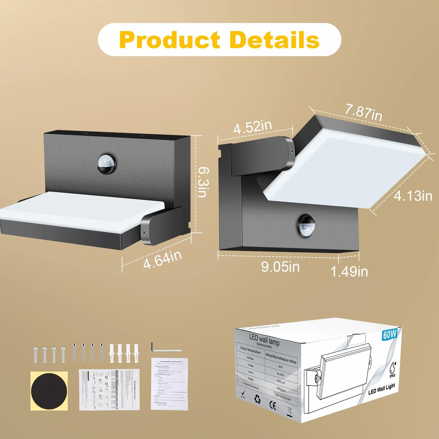 Ledmo 60W Applique Murale Exterieur avec Détecteur de Mouvement 5000LM Noir IP65