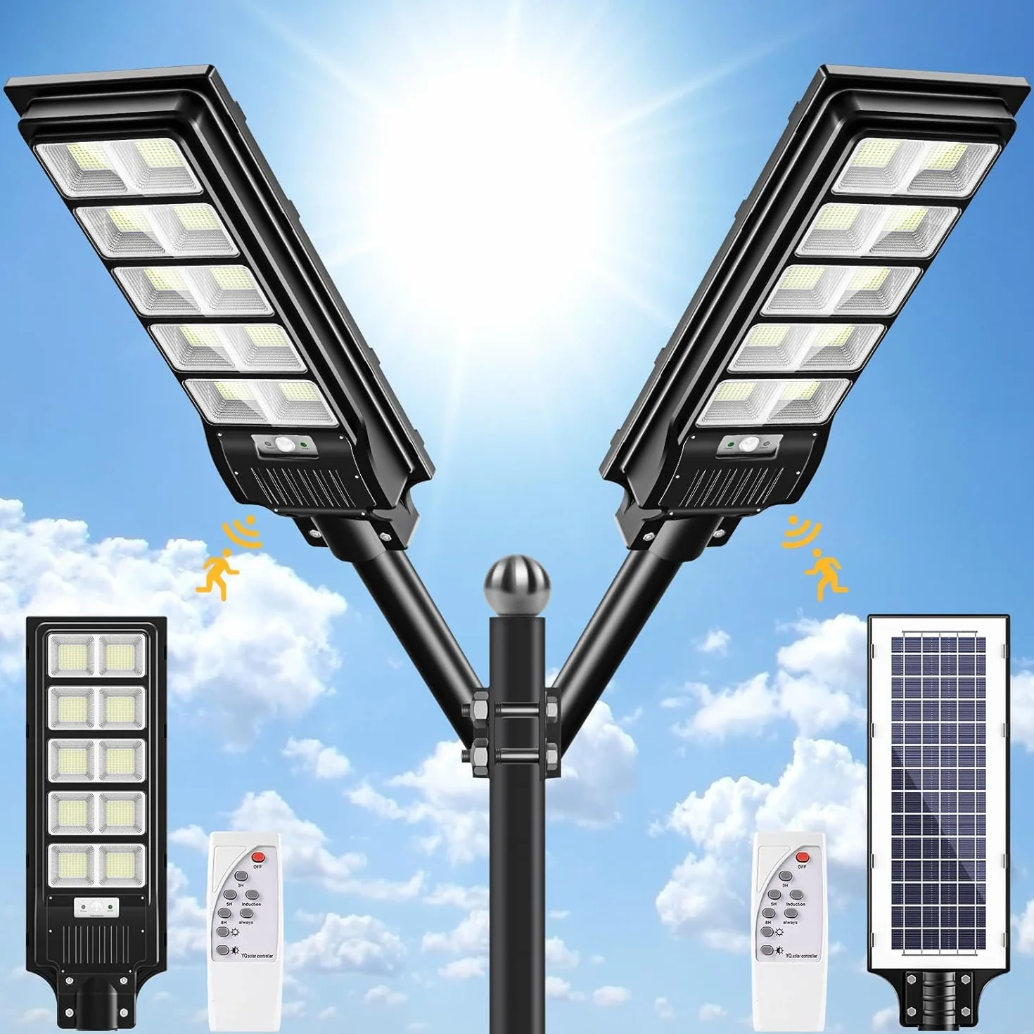 Lampadaire Solaire Extérieur 400W 6500K 720 LEDs IP65 Étanche Détecteur de Mouvement Avec Télécommande 2 Pack