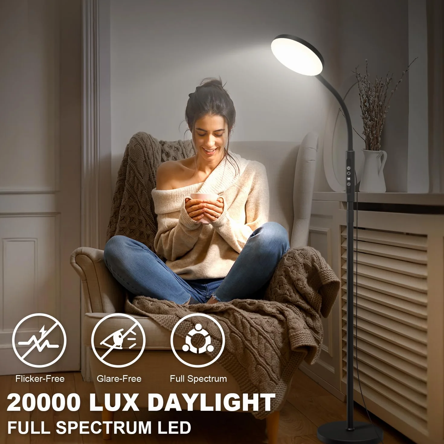 Lampadaire LED 20 000 Lux à Hauteur Réglable, 5 Couleurs, 10 Niveaux, Minuterie