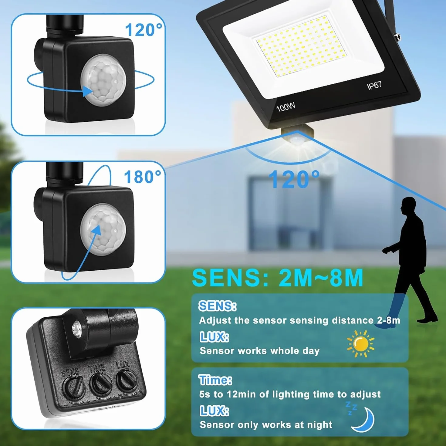 Projecteur LED Exterieur Detecteur de Mouvement 100W 10000LM 7000K IP67 Etanche Eclairage Exterieur