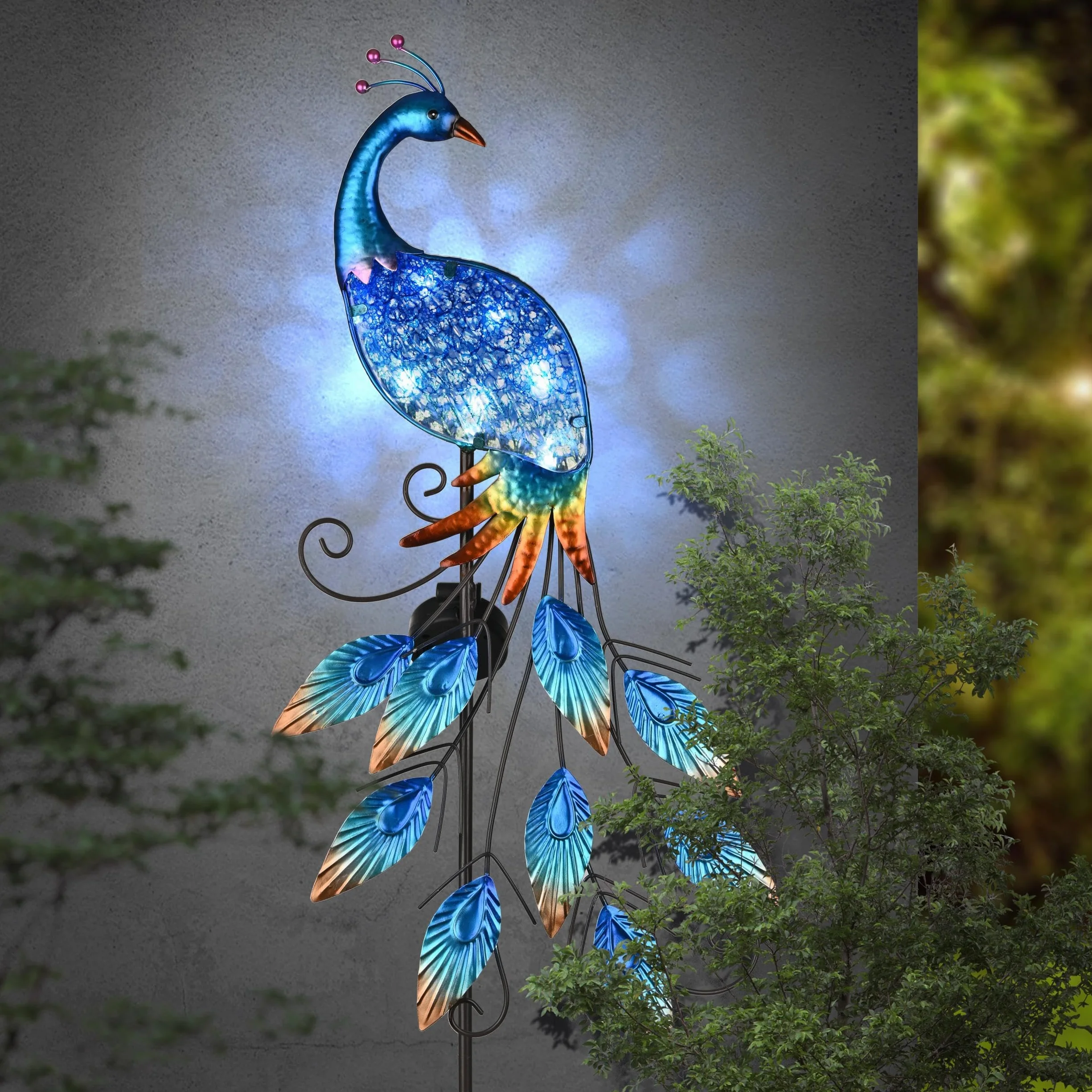 Lampe Solaire Exterieur Jardin Paon en Verre et Métal 102cm Bleu
