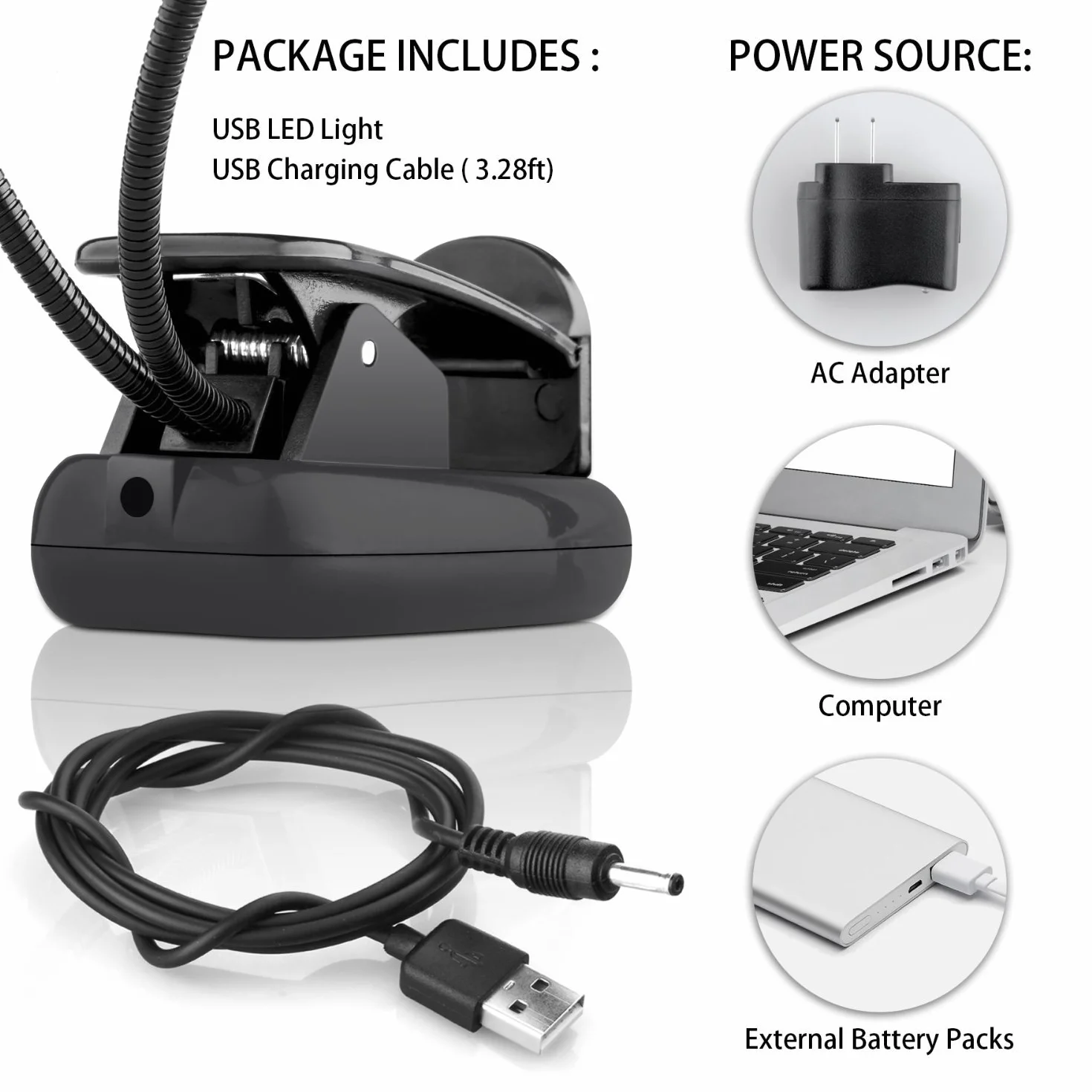 Lampe de Lecture Deux Têtes Liseuse Lampe Clip 8LED 2 Mode Luminosité Réglable 360° Cou Flexible Portable Veilleuse