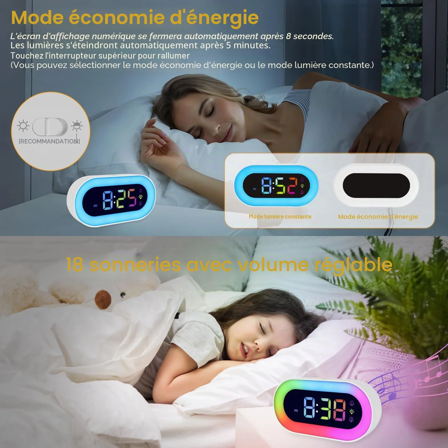 Réveil Lumineux pour Enfants Double Alarme 18 Sonneries Mode Sieste 12/24H 5 Niveaux Volume Veilleuse 9 Couleurs